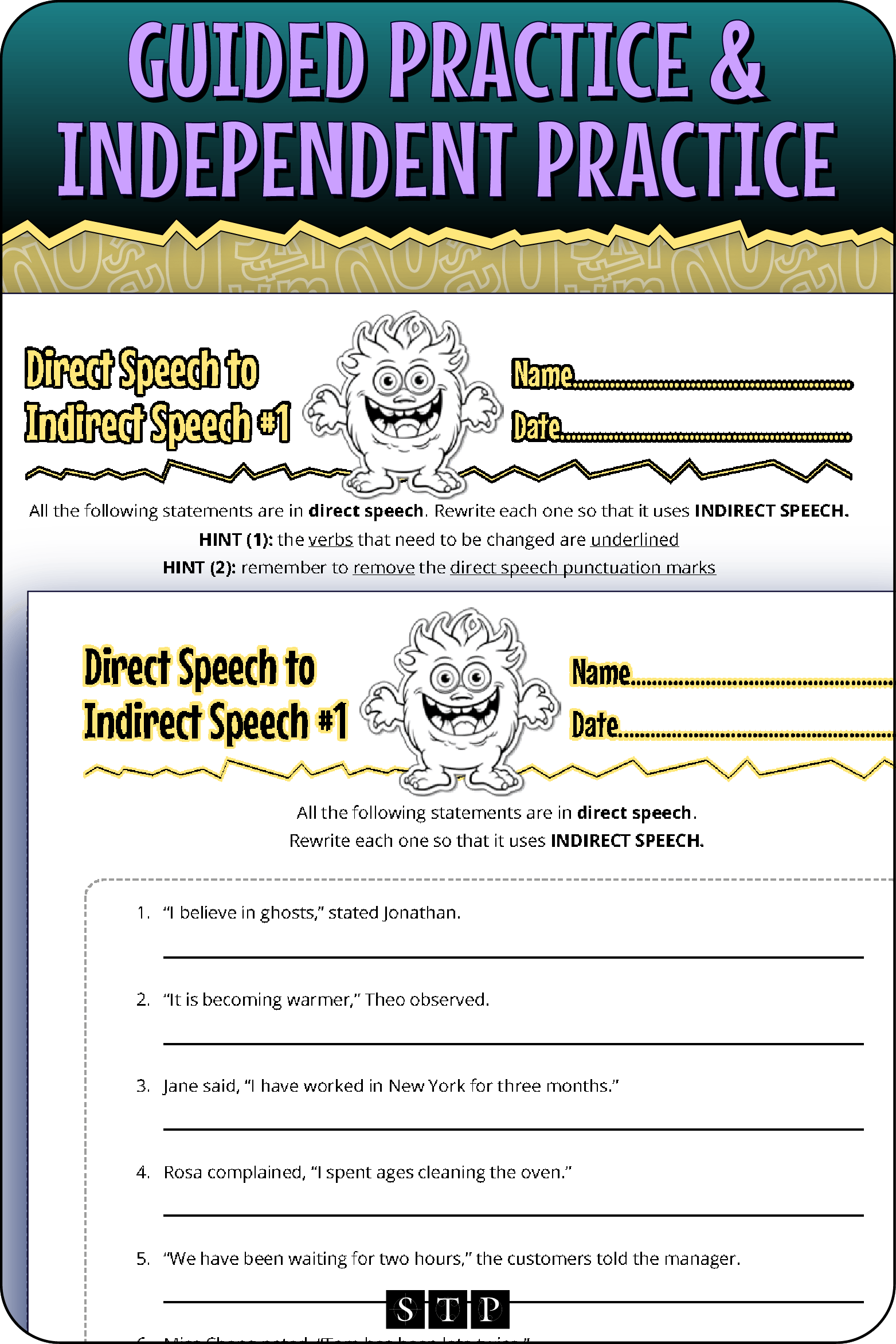 A 'look inside' preview showing the two differentiated worksheets: Version 1 (Guided Practice) with hints and Version 2 (Independent Practice).