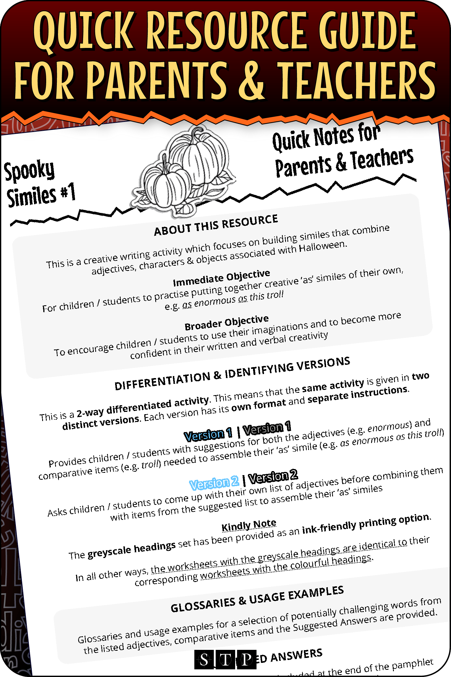 A 'look inside' preview highlighting the 'Quick Resource Guide for Parents & Teachers' included with the worksheets which explains the resource's learning objectives and differentiated versions.