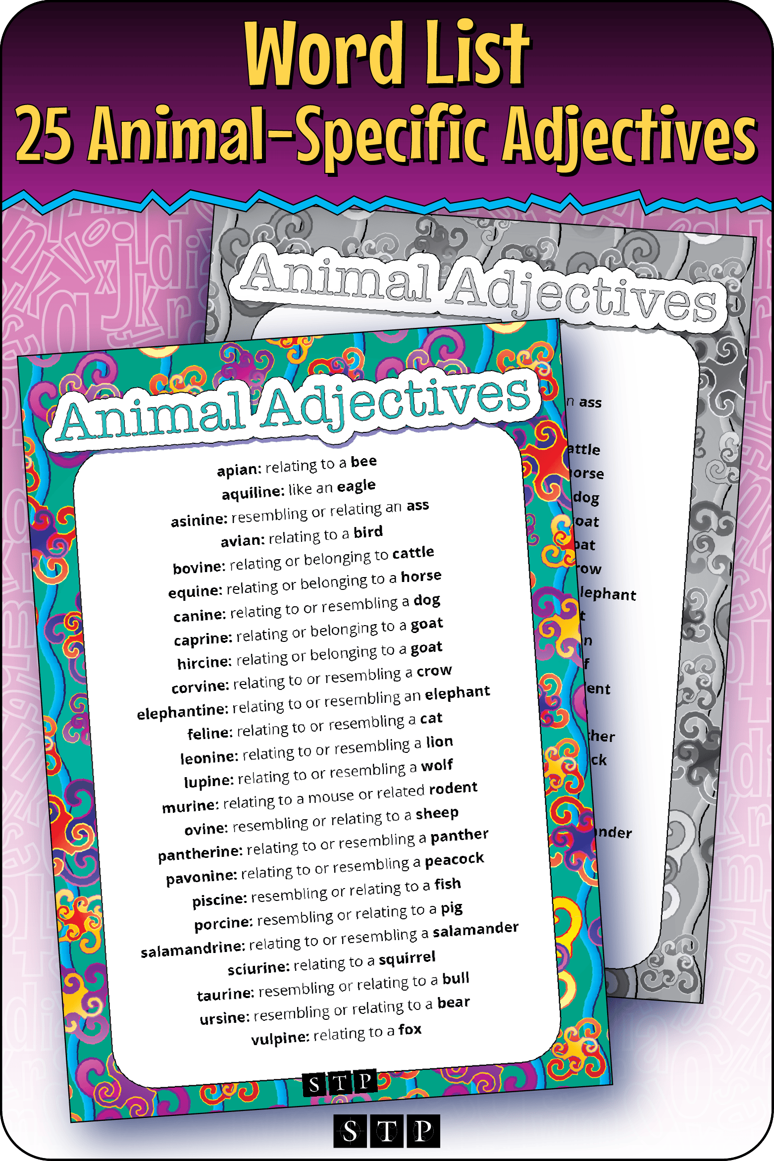 A mock-up of the 'Animal Adjectives' words and definitions list, a free vocabulary and spelling resource for download for Years 7 & 8.