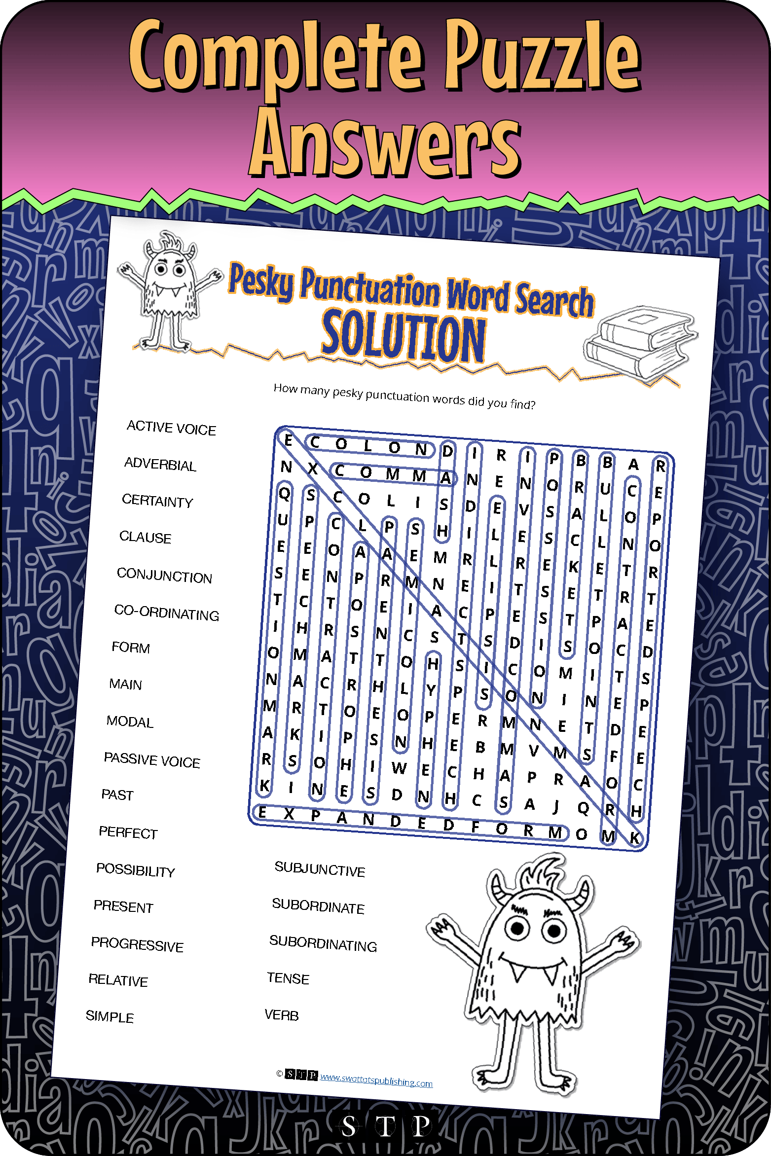 A 'look inside' preview showing the complete Pesky Punctuation word search puzzle answers.