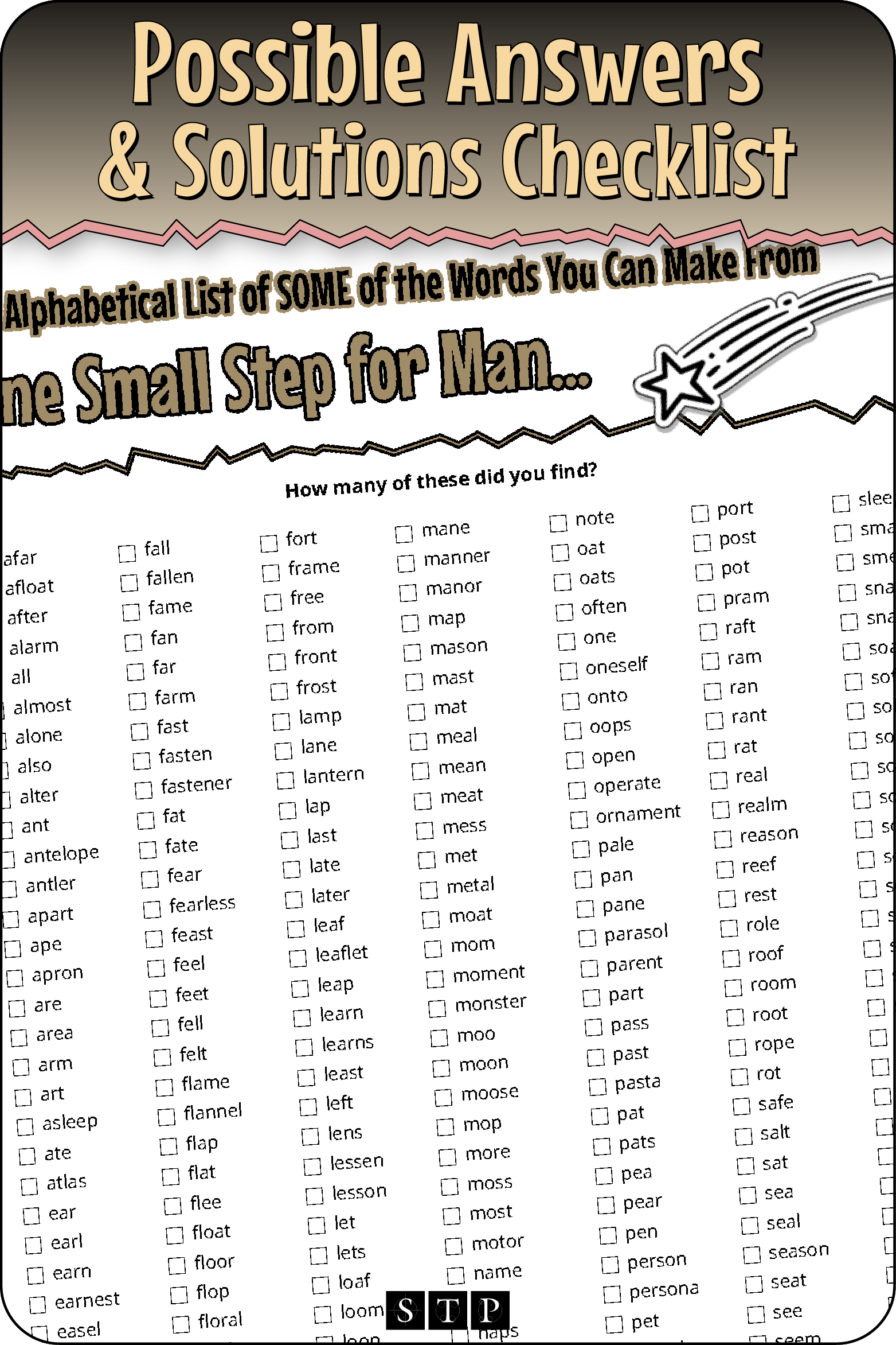 A 'look inside' preview showing a list of possible solutions for the 'One Small Step for Man' (Version 1) letter jumble