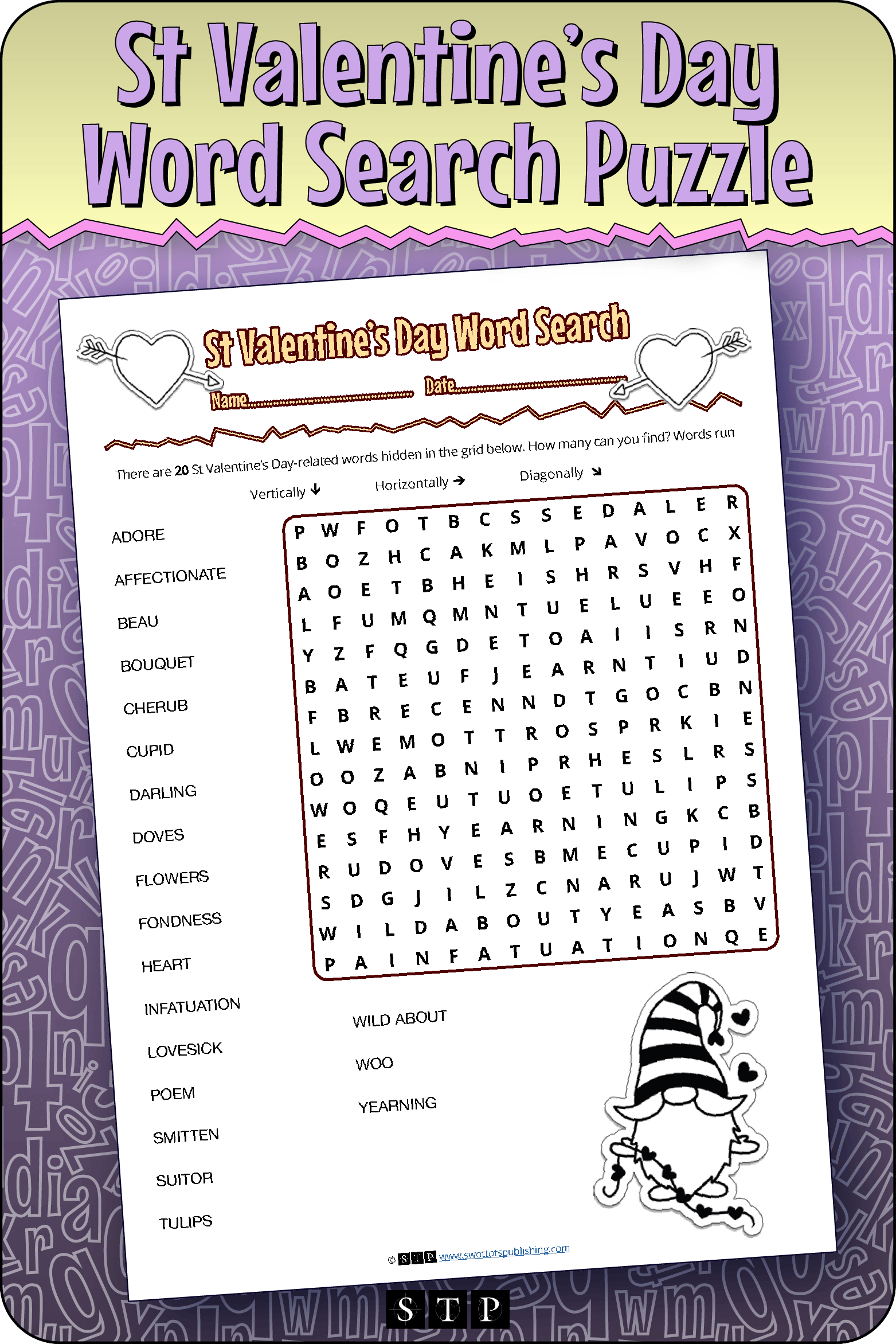 A mock-up of the 'St Valentine's Day' word search puzzle, a free word game for download.