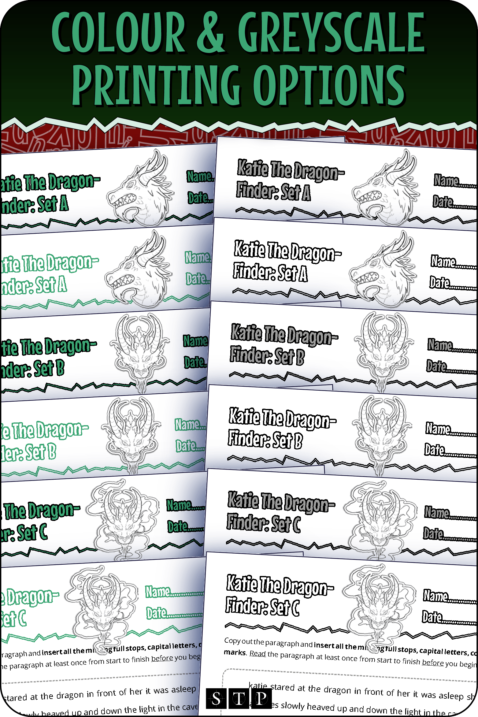 A 'look inside' preview showing the resource is available in both colour-accented and ink-friendly greyscale printing options.