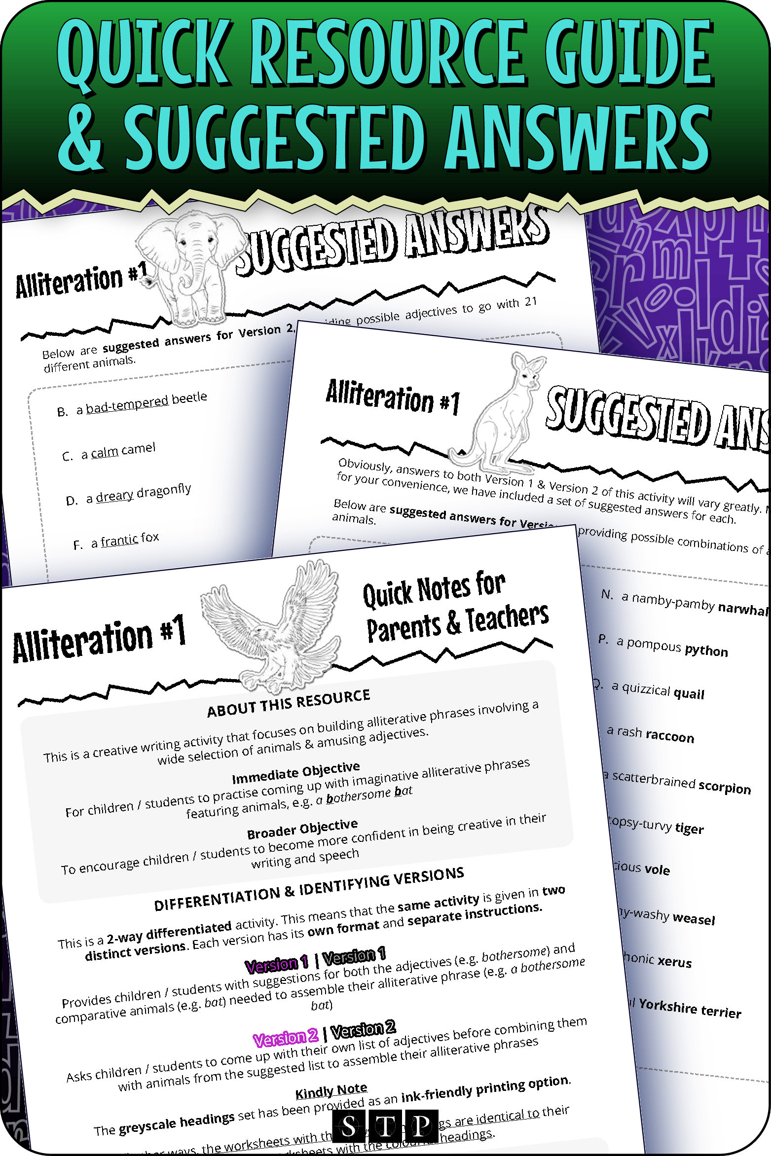A 'look inside' preview showing the suggested answers and quick resource guide for the 'Animal Alliteration' activity.