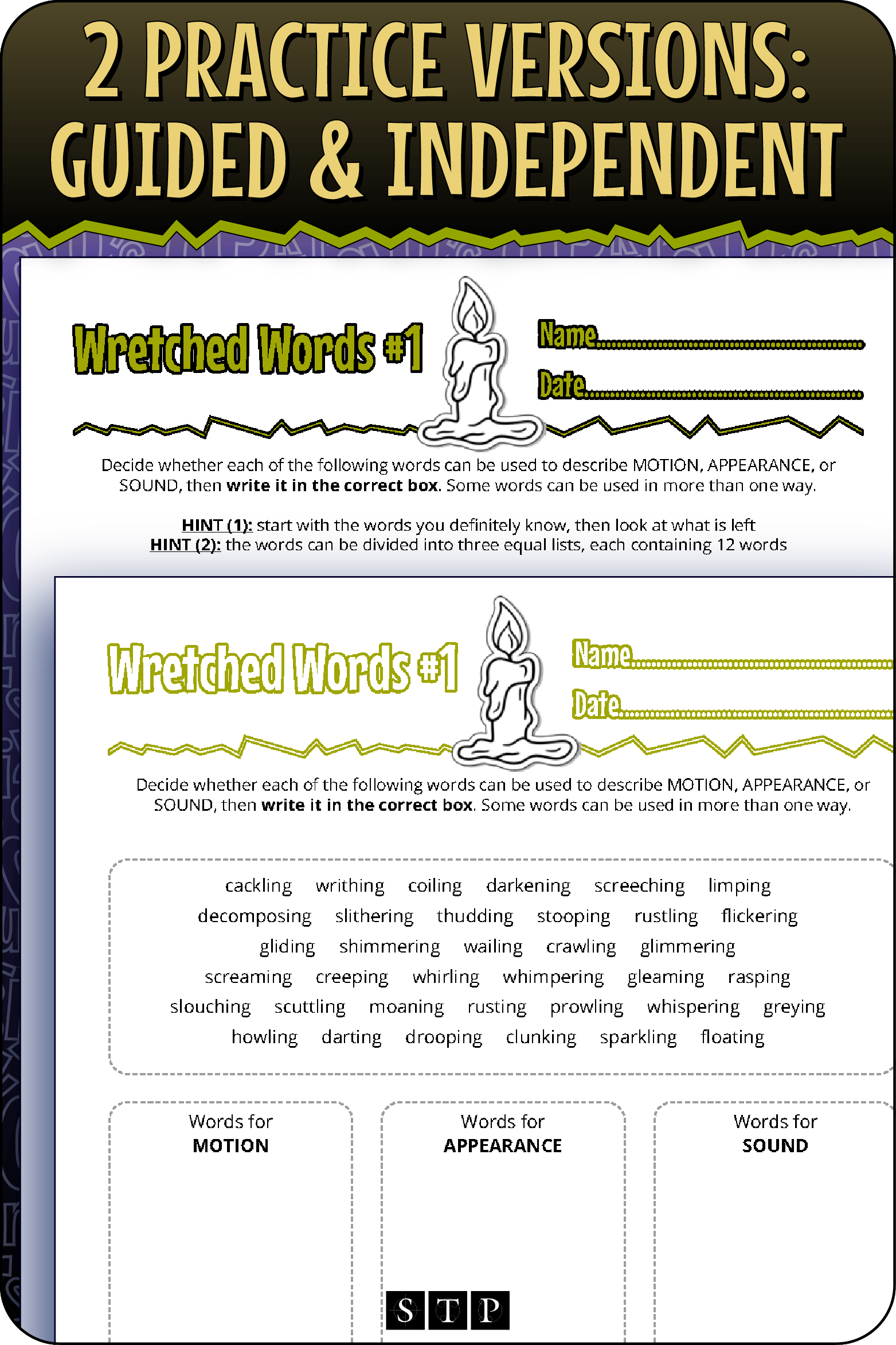 A 'look inside' preview showing the two differentiated activities: Version 1 (Guided Practice) with hints and Version 2 (Independent Practice).
