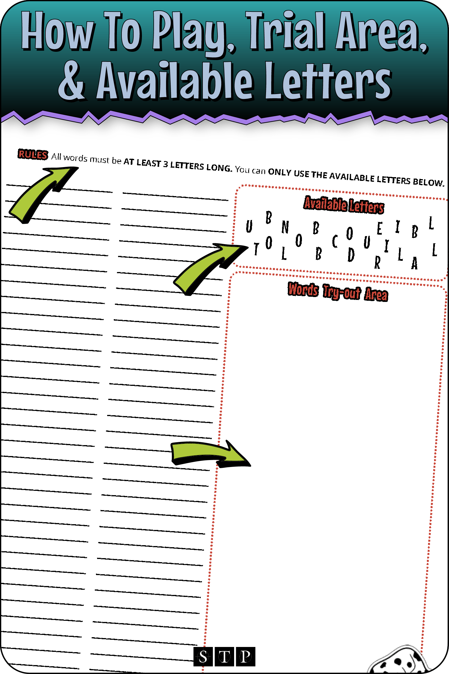 A 'look inside' preview highlighting the rules for the 'Boil, Toil, Cauldron Bubble' (Version 2) letter jumble