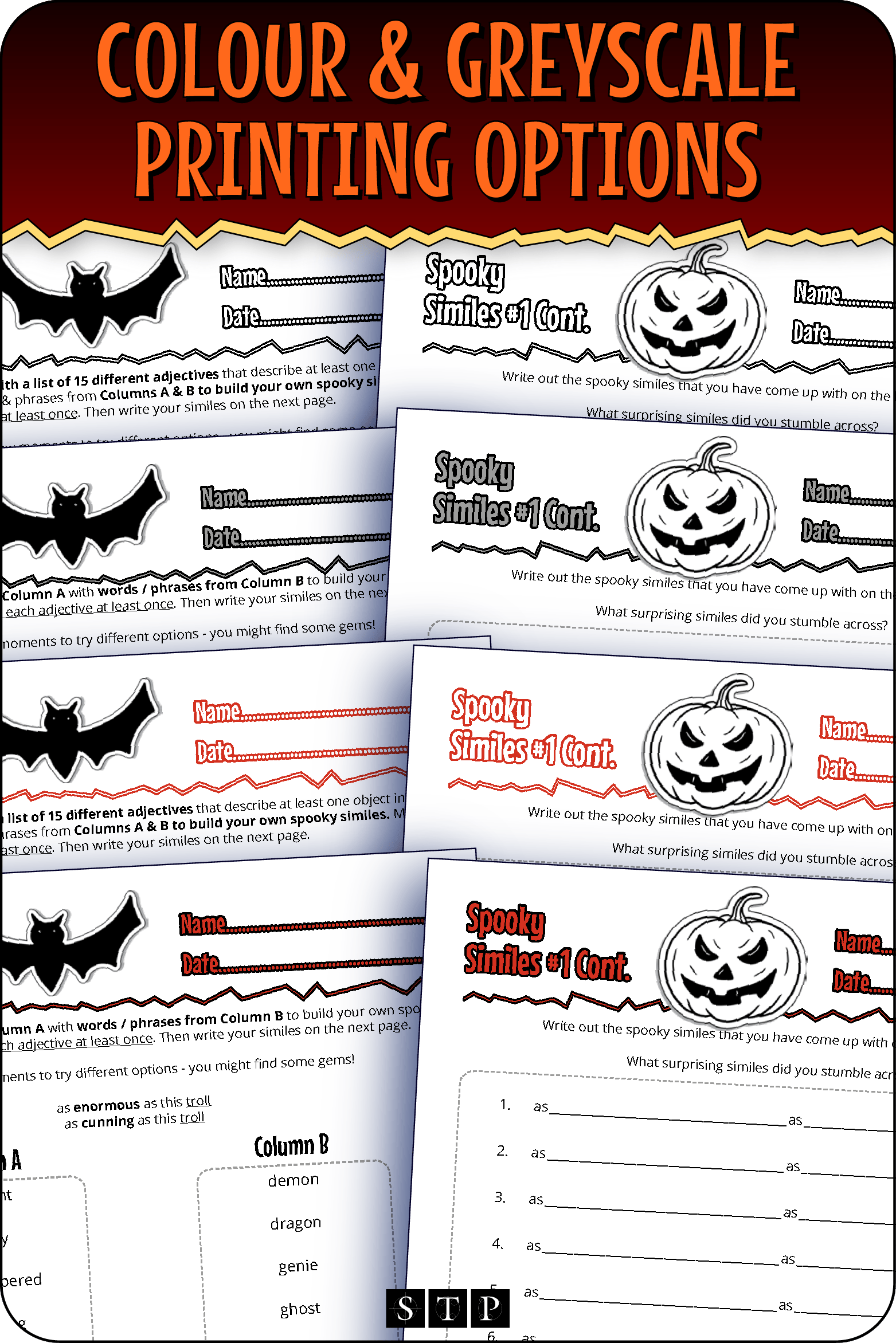 A 'look inside' preview showing the resource is available in both colour-accented and ink-friendly greyscale printing options.