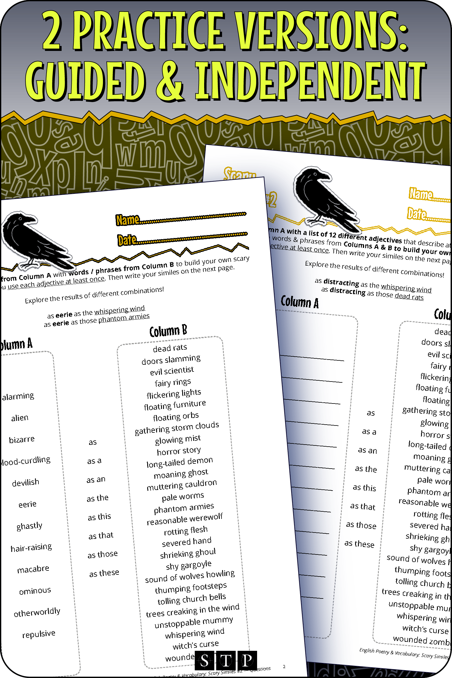A 'look inside' preview showing the two differentiated activities: Version 1 (Guided Practice) with hints and Version 2 (Independent Practice).