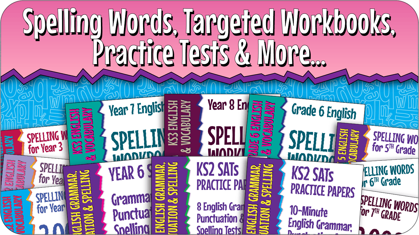 A graphic illustrating highlights of STP Books' printed catalogue including the 2,000 Spelling Words UK and US series, along with Grammar, Punctuation and Spelling Workbooks and practice tests