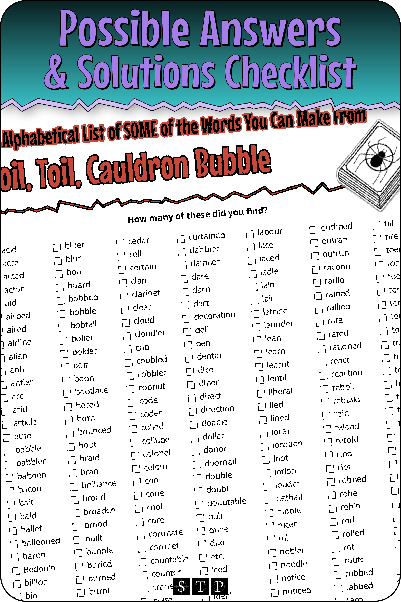 A 'look inside' preview showing a list of possible solutions for the 'Boil, Toil, Cauldron Bubble' (Version 2) letter jumble