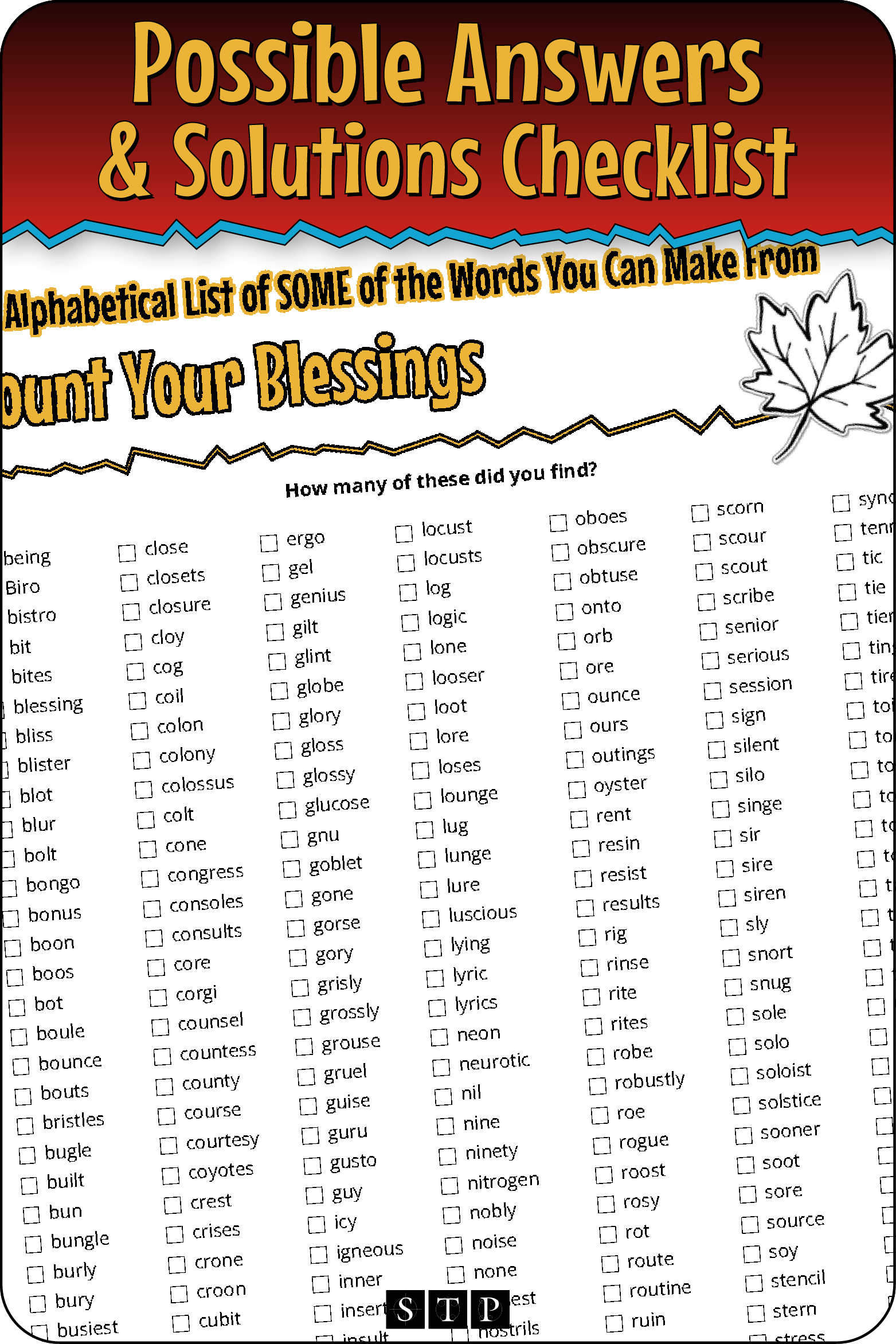 A 'look inside' preview showing a list of possible solutions for the 'Count Your Blessings' (Version 2) letter jumble.