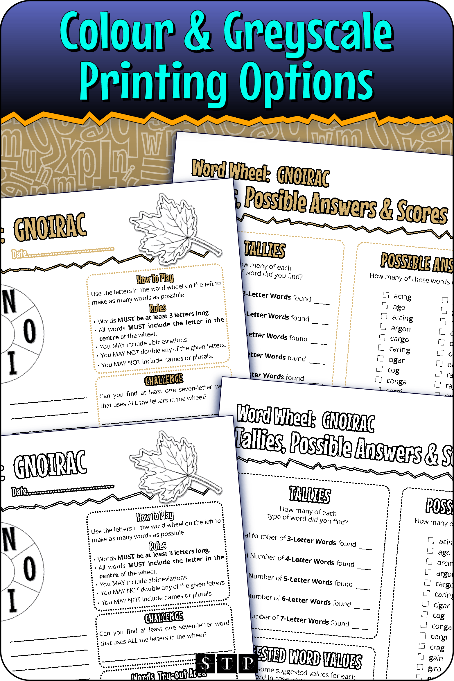 A 'look inside' preview showing the resource is available in both colour-accented and ink-friendly greyscale printing options.