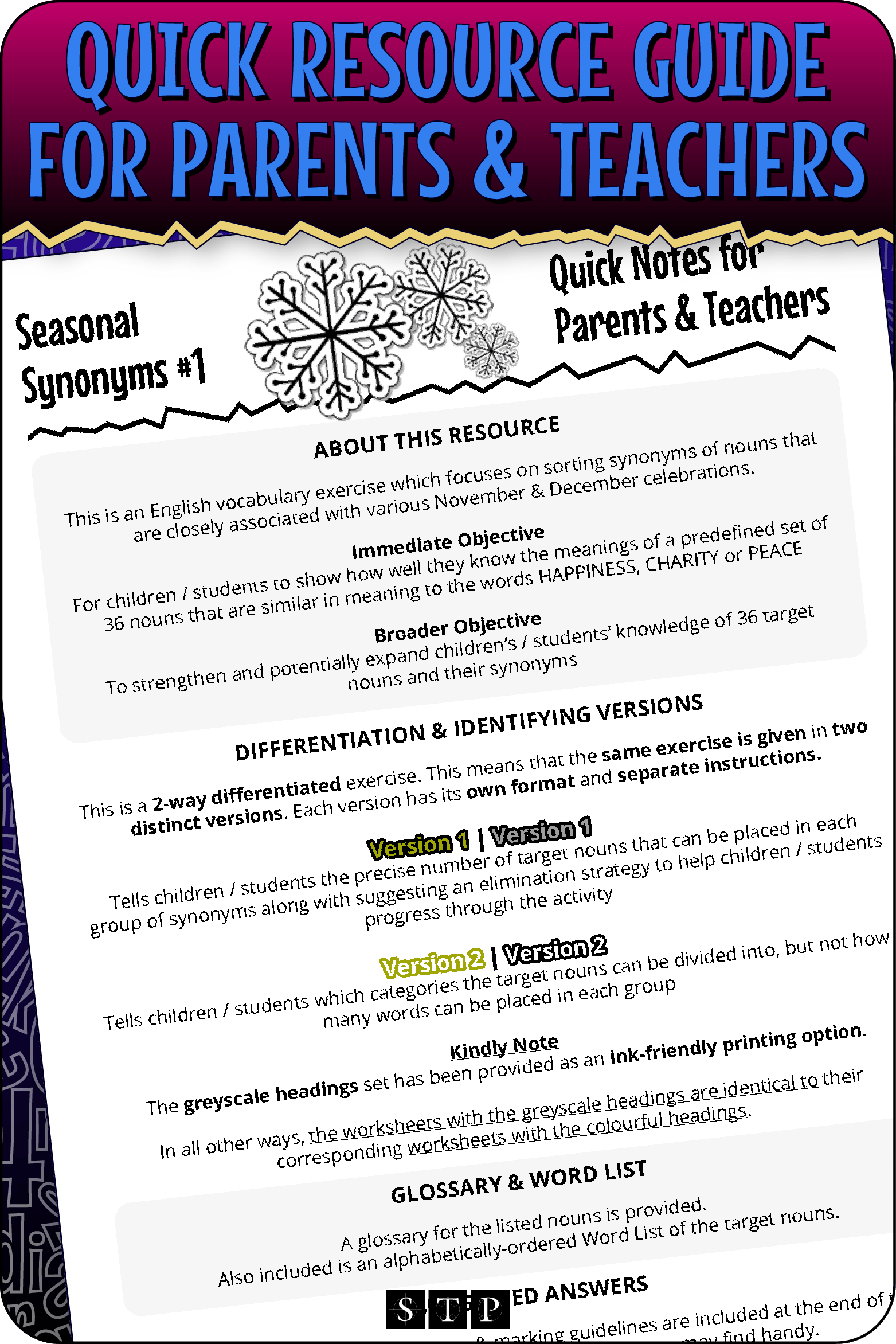 A 'look inside' preview highlighting the 'Quick Resource Guide for Parents & Teachers' included with the worksheets which explains the resource's learning objectives and differentiated versions.