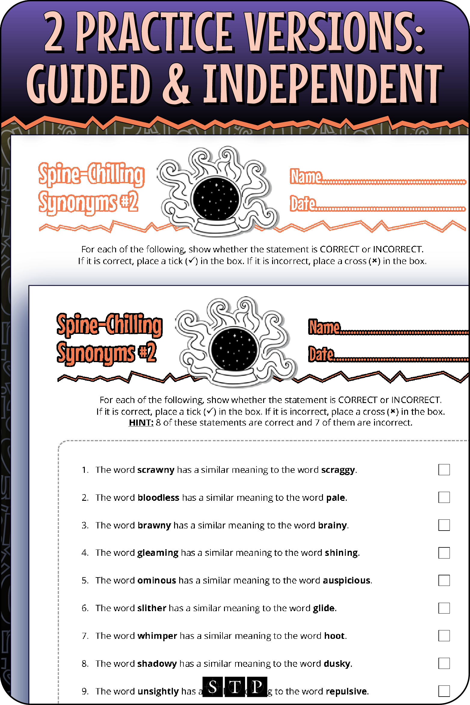 A 'look inside' preview showing the two differentiated worksheets: Version 1 (Guided Practice) with hints and Version 2 (Independent Practice).
