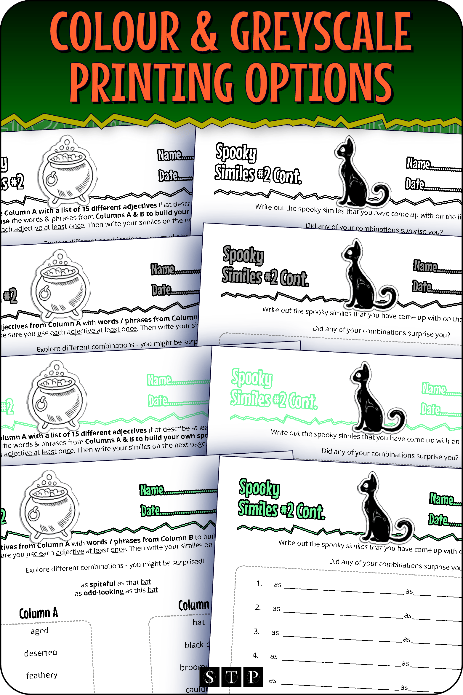 A 'look inside' preview showing the resource is available in both colour-accented and ink-friendly greyscale printing options.
