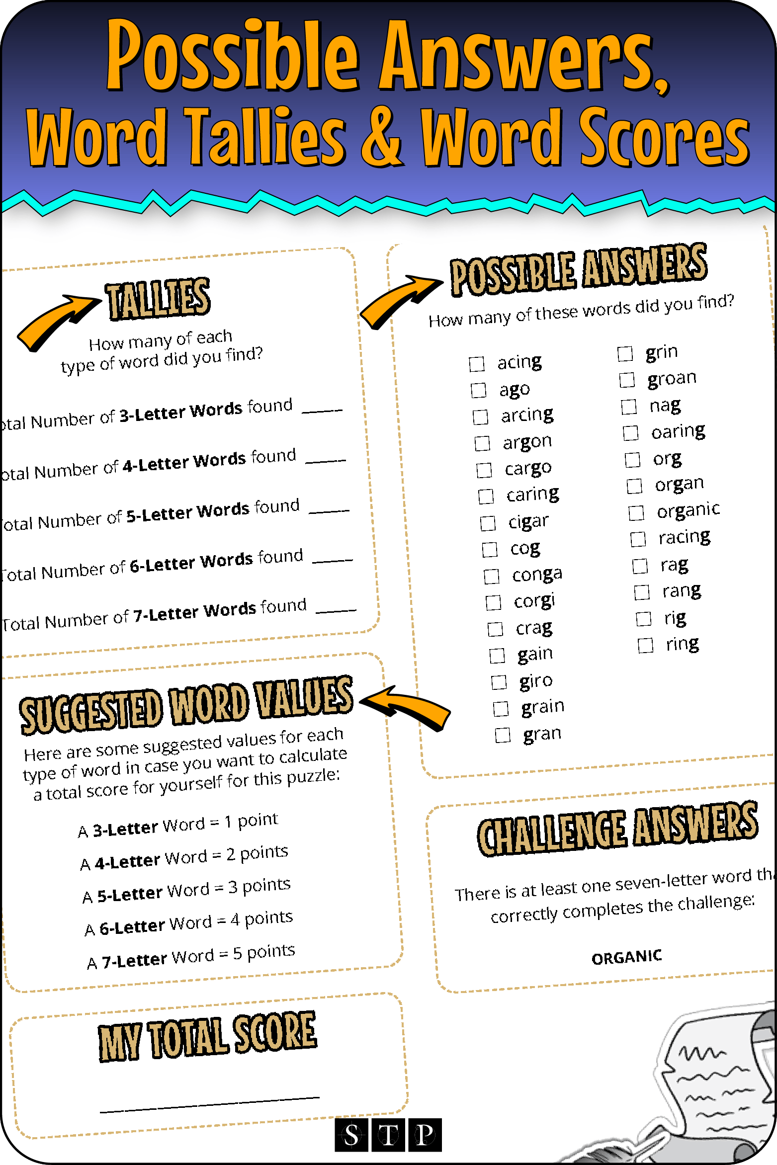 A 'look inside' preview highlighting the key features of the second page of the 'GNOIRAC' word wheel puzzle