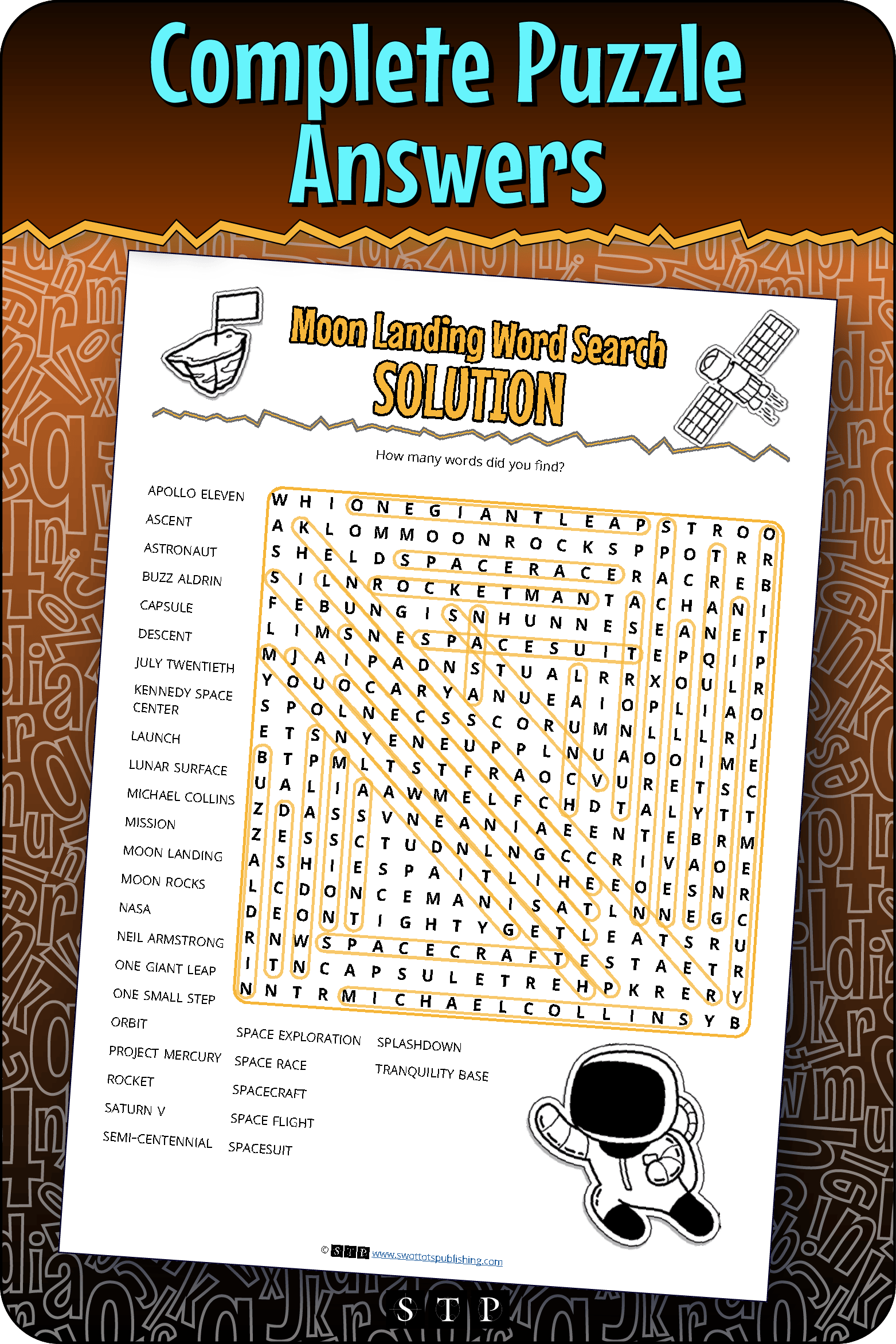 A 'look inside' preview showing the complete Moon Landing word search puzzle answers.