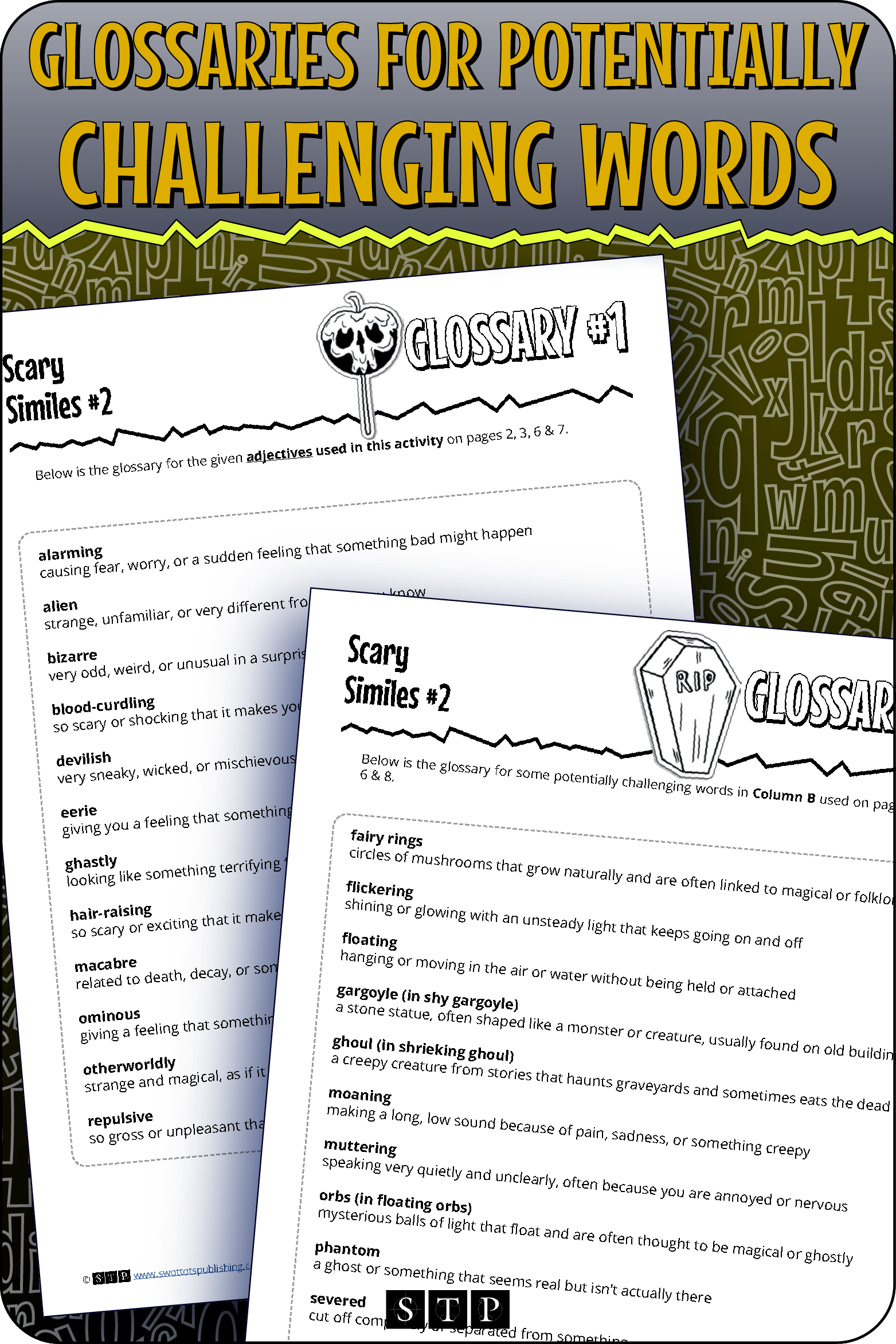 A 'look inside' preview showing the glossaries for potentially challenging words in the 'Scary Similes #2' activity.