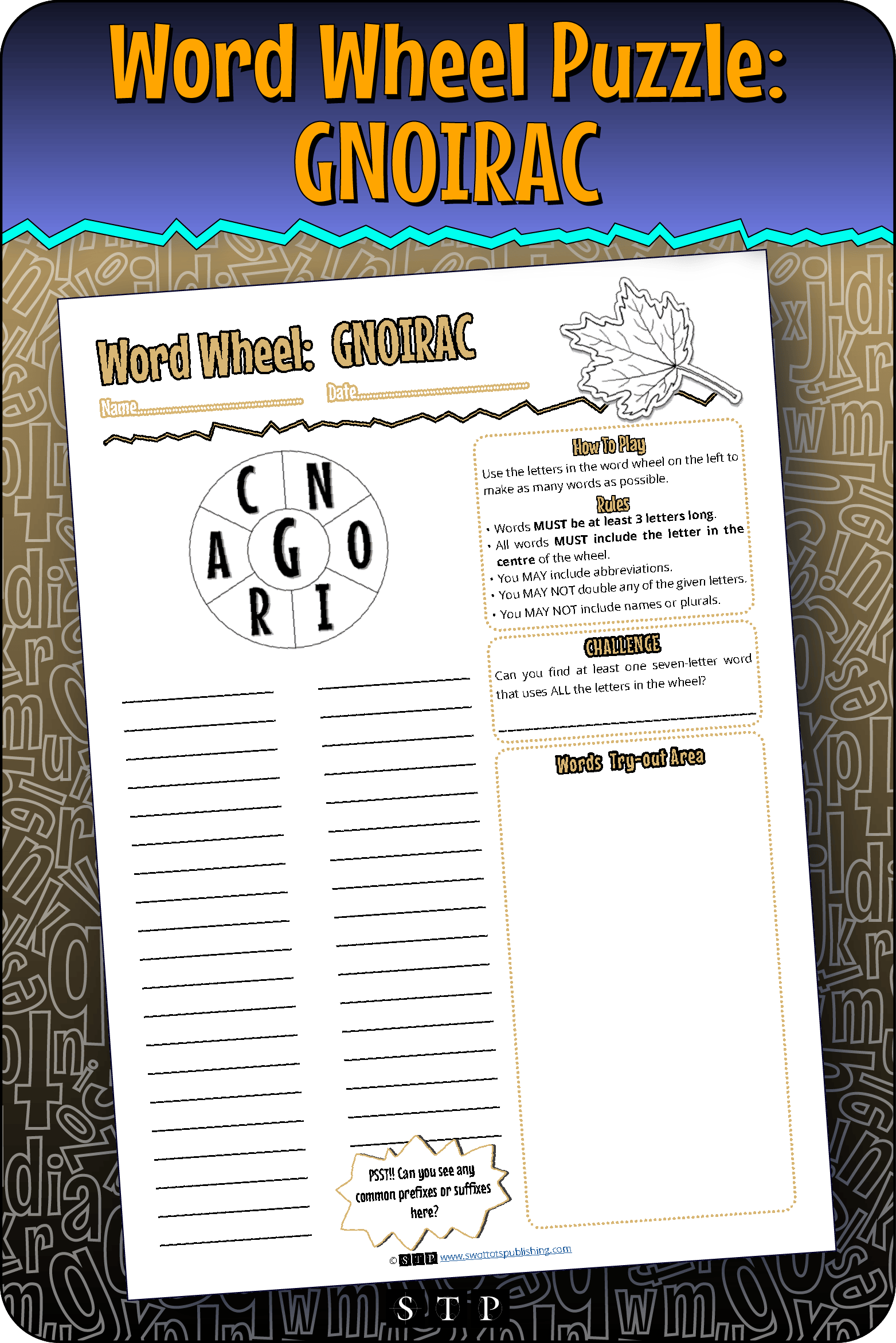 A mock-up of the 'GNOIRAC' word wheel puzzle, a free word game for download.