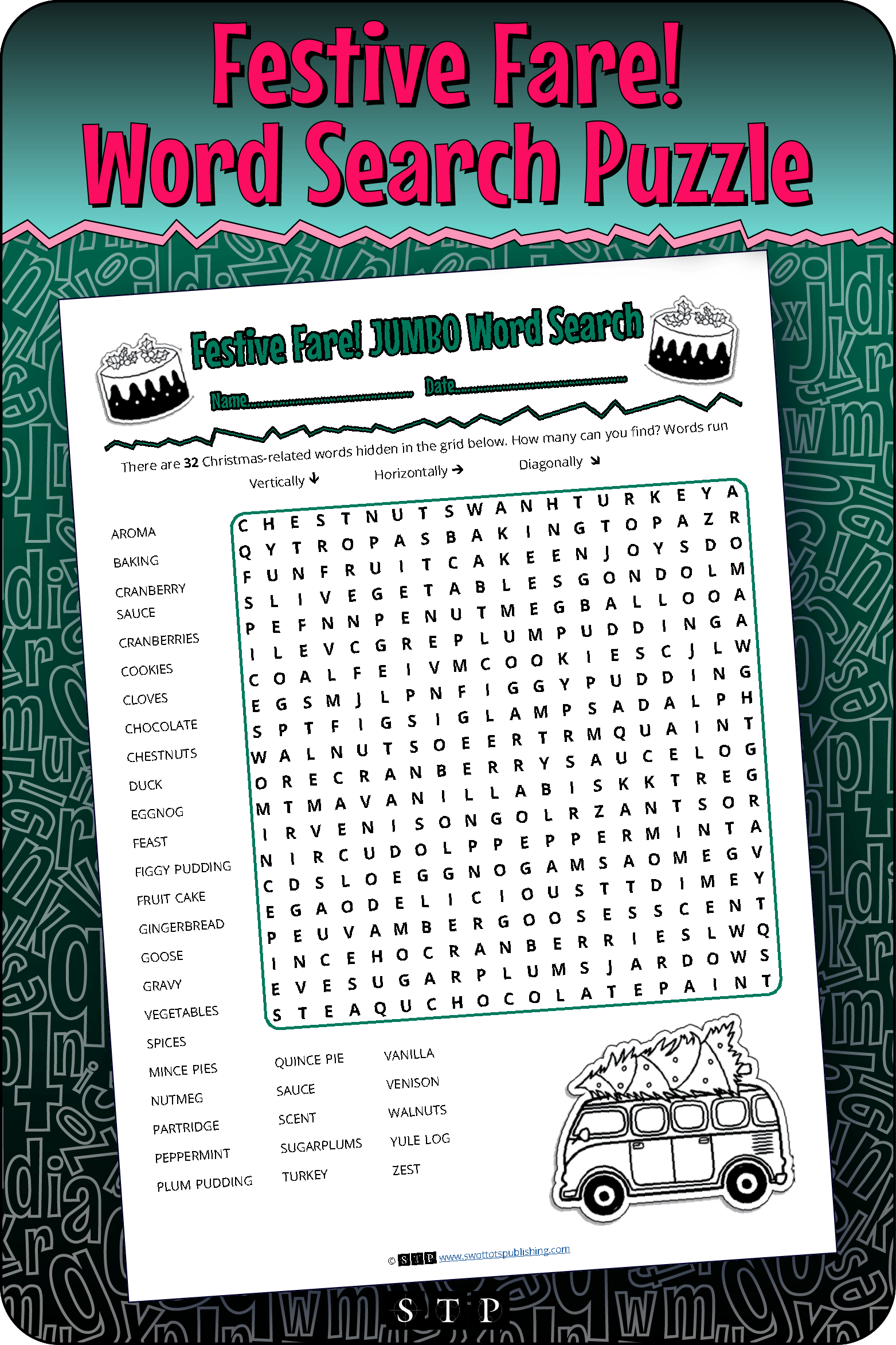 A mock-up of the 'Festive Fare!' word search puzzle, a free word game for download.