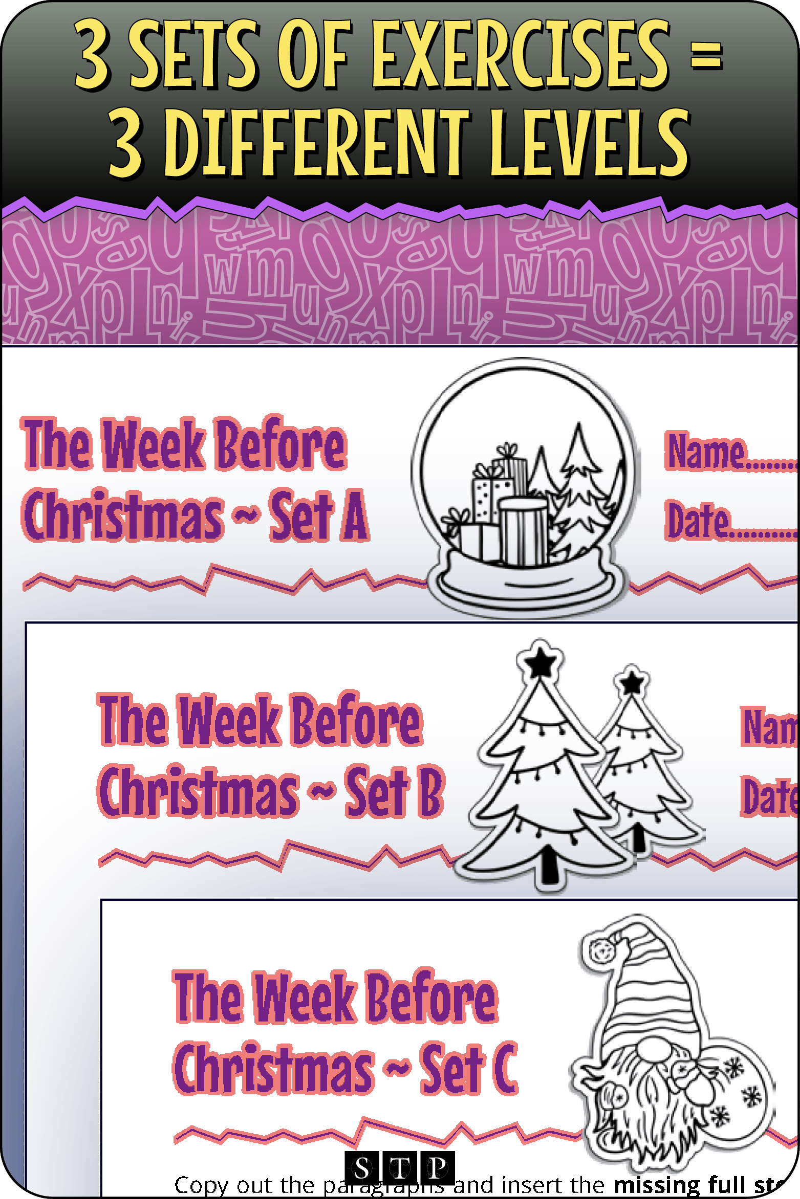 A 'look inside' preview showing the sets of worksheets, each with a different difficulty level.