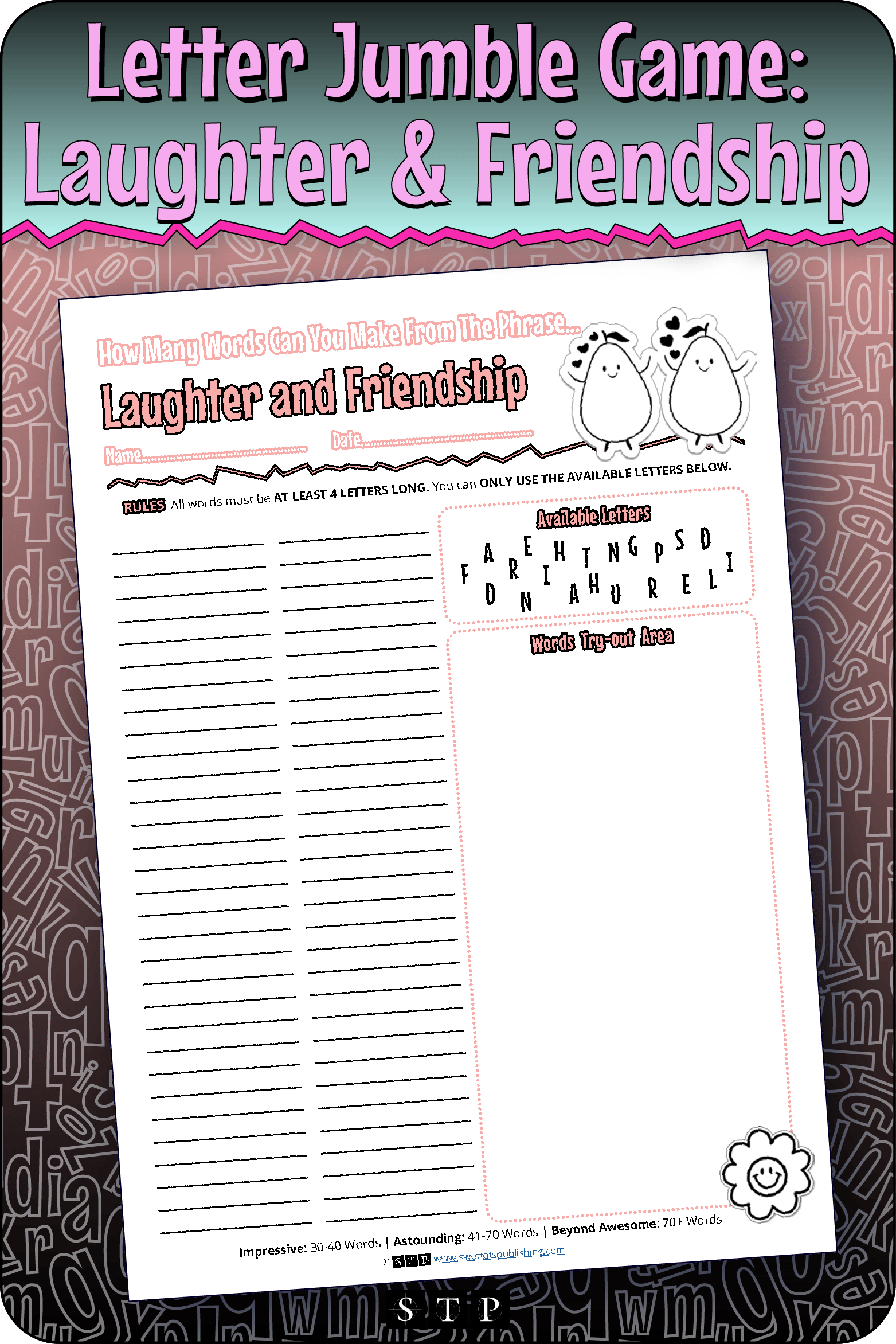 A mock-up of the 'Laughter & Friendship' (Version 1) letter jumble, a free word game for download.