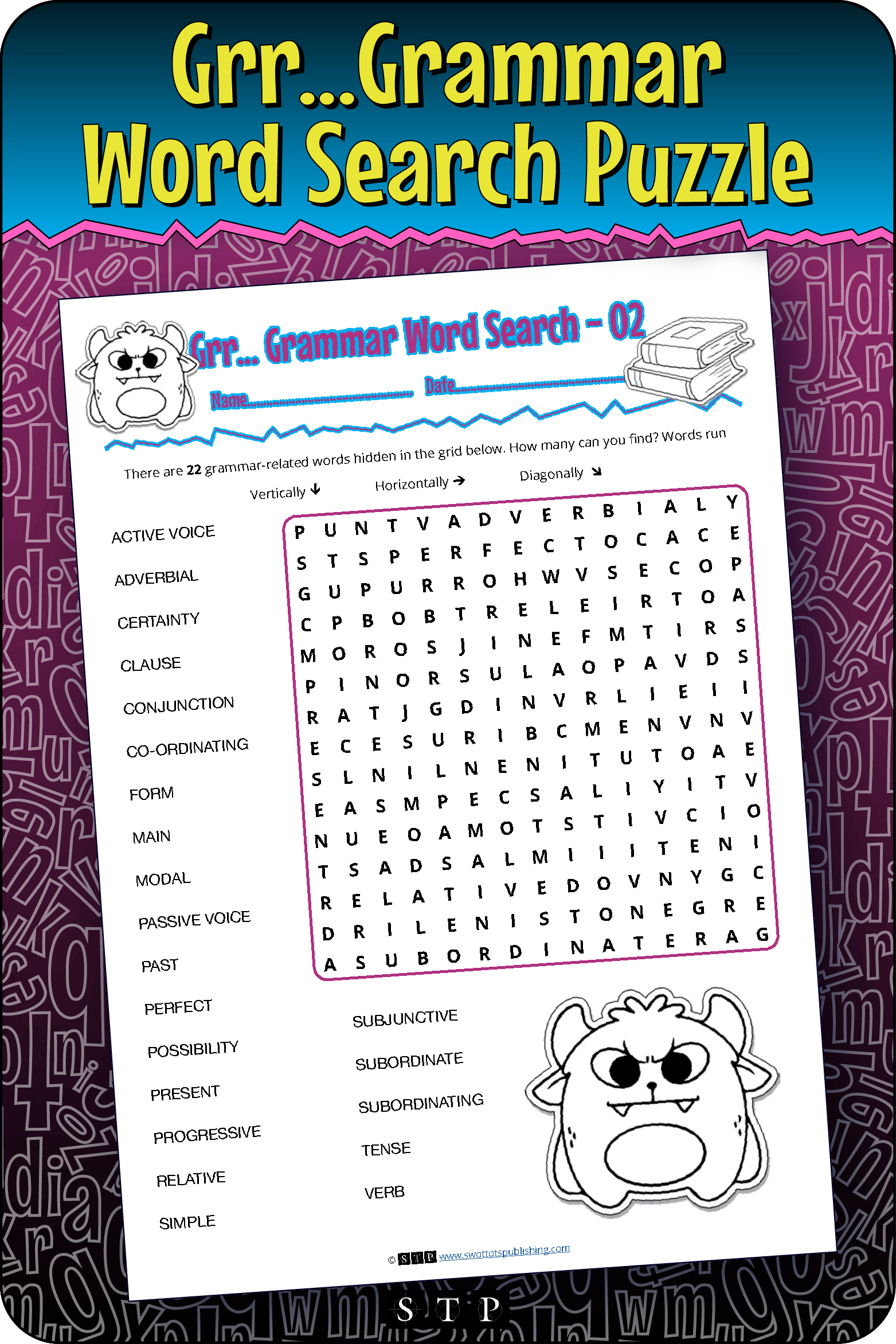 A mock-up of the 'Grr…Grammar #2' word search puzzle, a free word game for download.