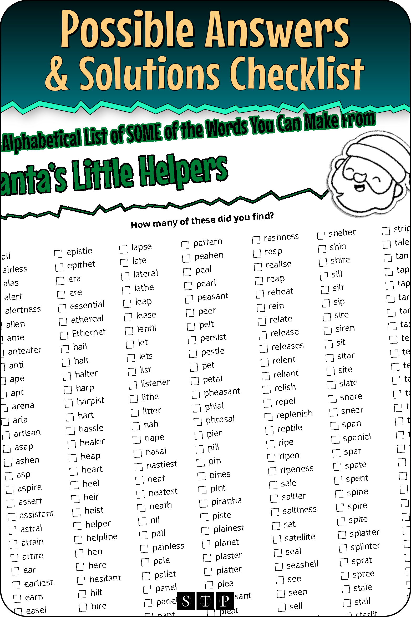 A 'look inside' preview showing a list of possible solutions for the 'Santa's Little Helpers' (Version 2) letter jumble