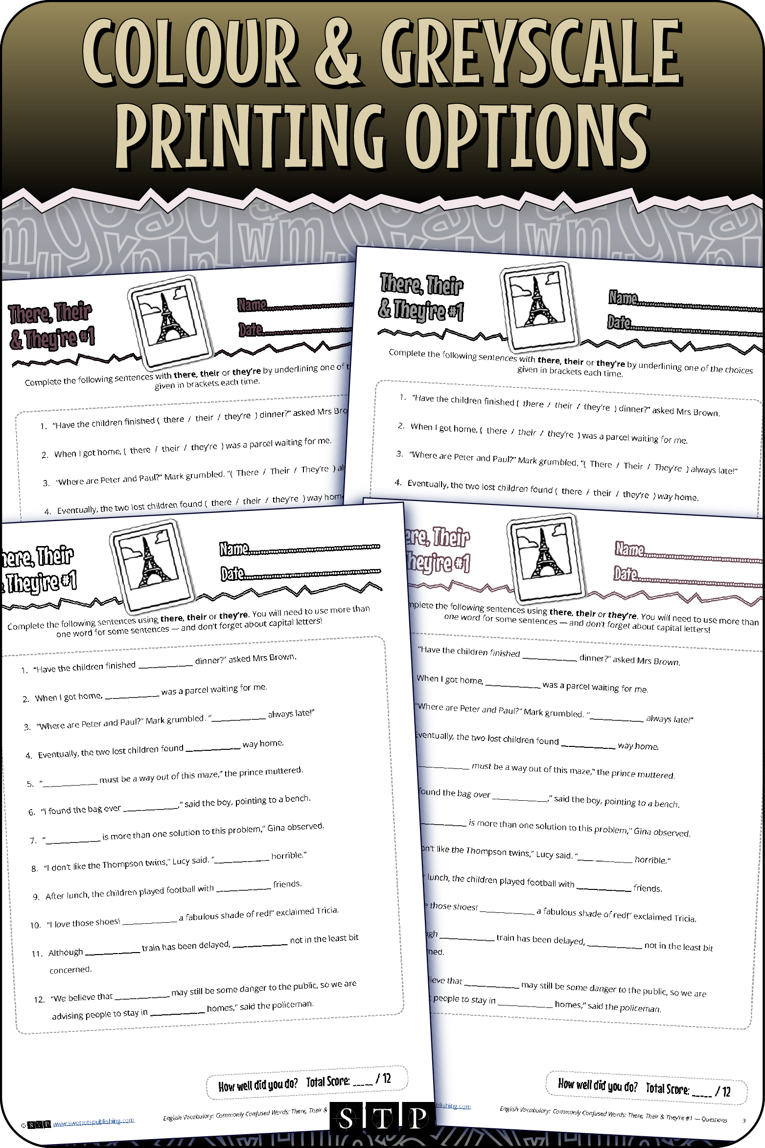 A 'look inside' preview showing the resource is available in both colour-accented and ink-friendly greyscale printing options.