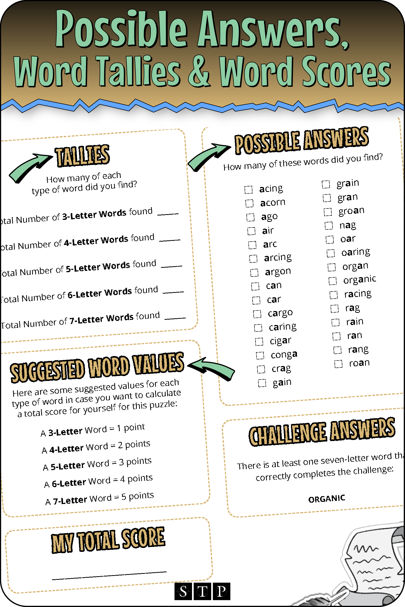 A 'look inside' preview highlighting the key features of the second page of the 'AOGNRIC' word wheel puzzle