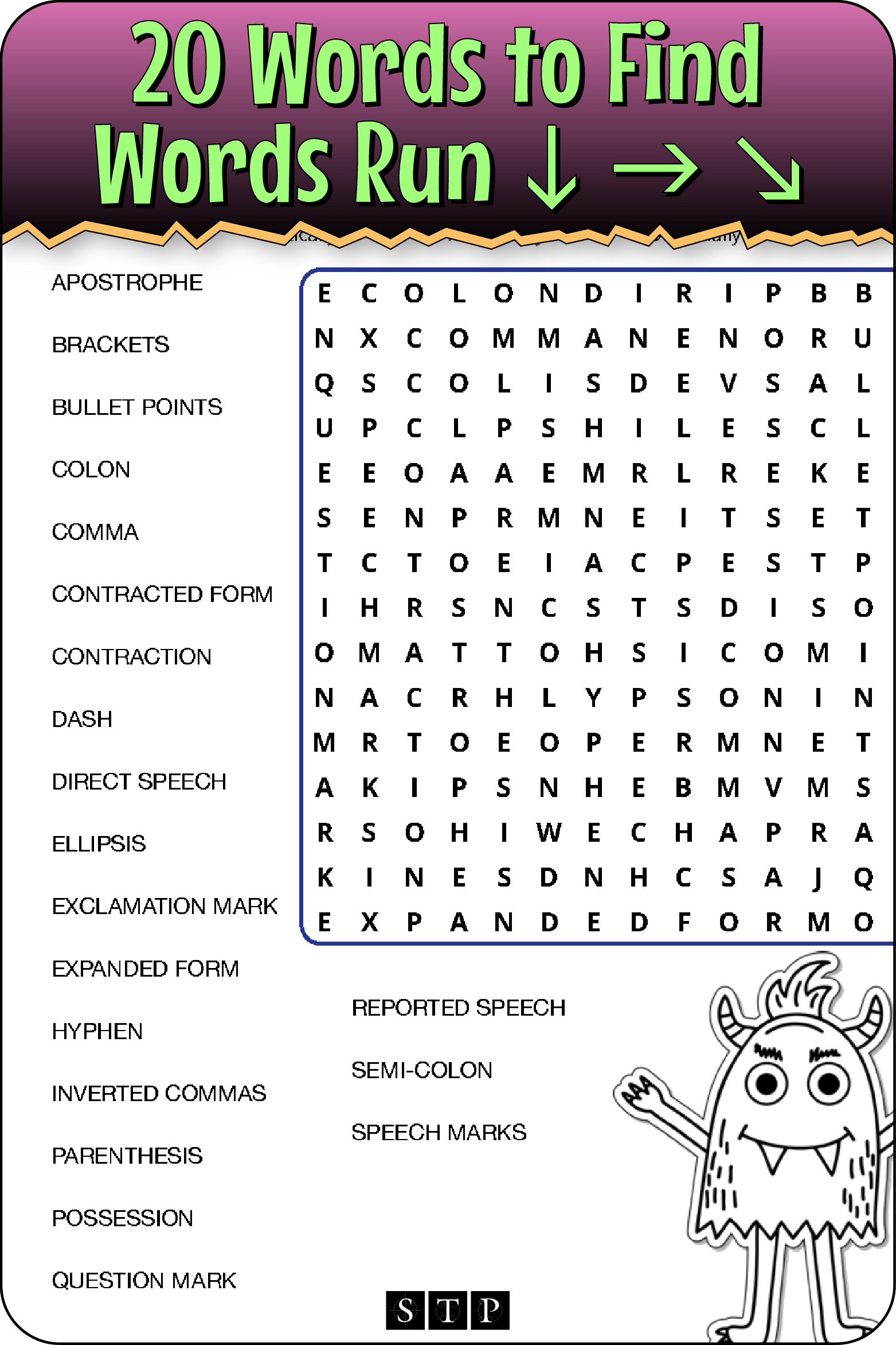 A 'look inside' preview showing the total number of words to find and the directions that the words take in the grid of the 'Pesky Punctuation' word search puzzle.