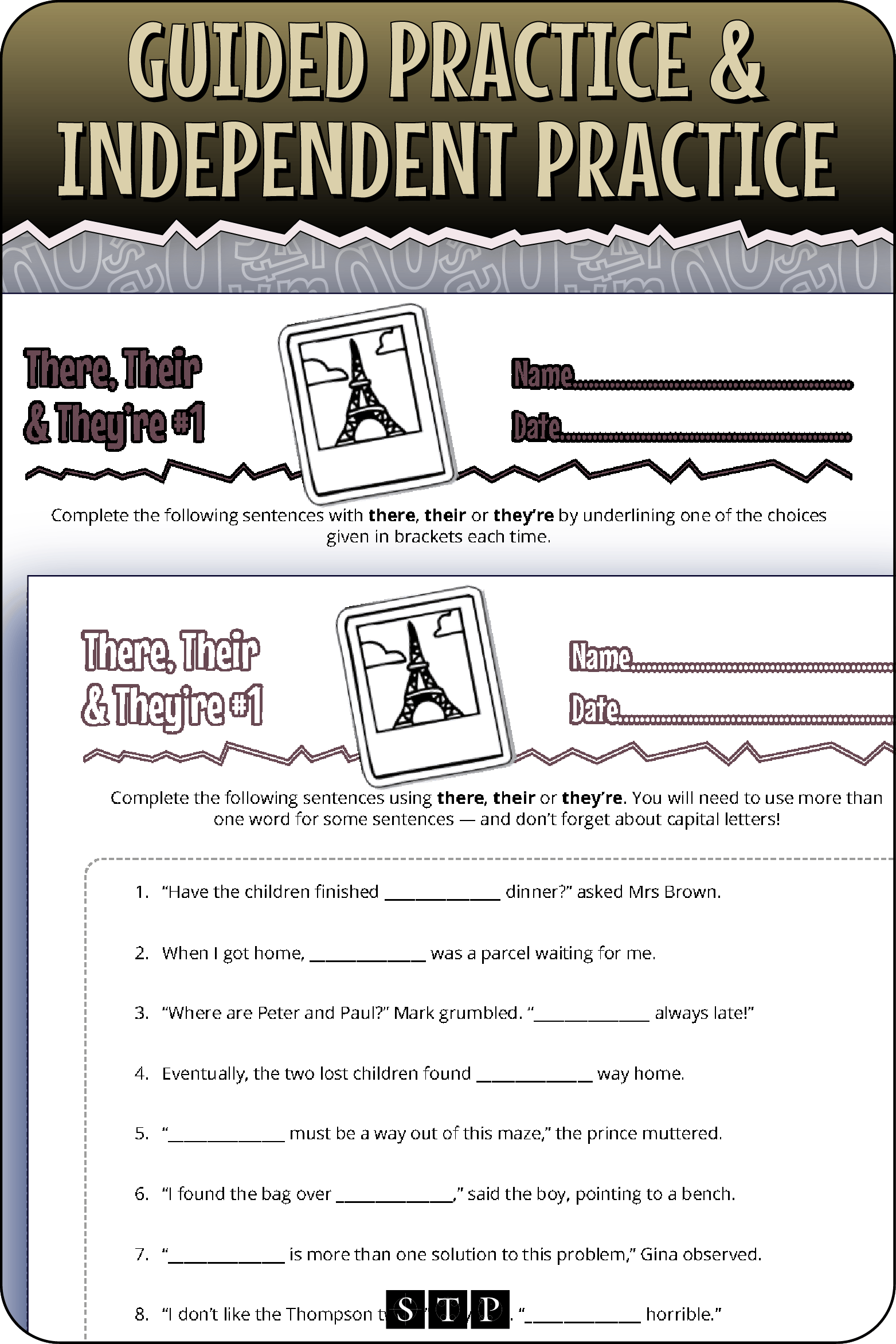 A 'look inside' preview showing the two differentiated worksheets: Version 1 (Guided Practice) with hints and Version 2 (Independent Practice).