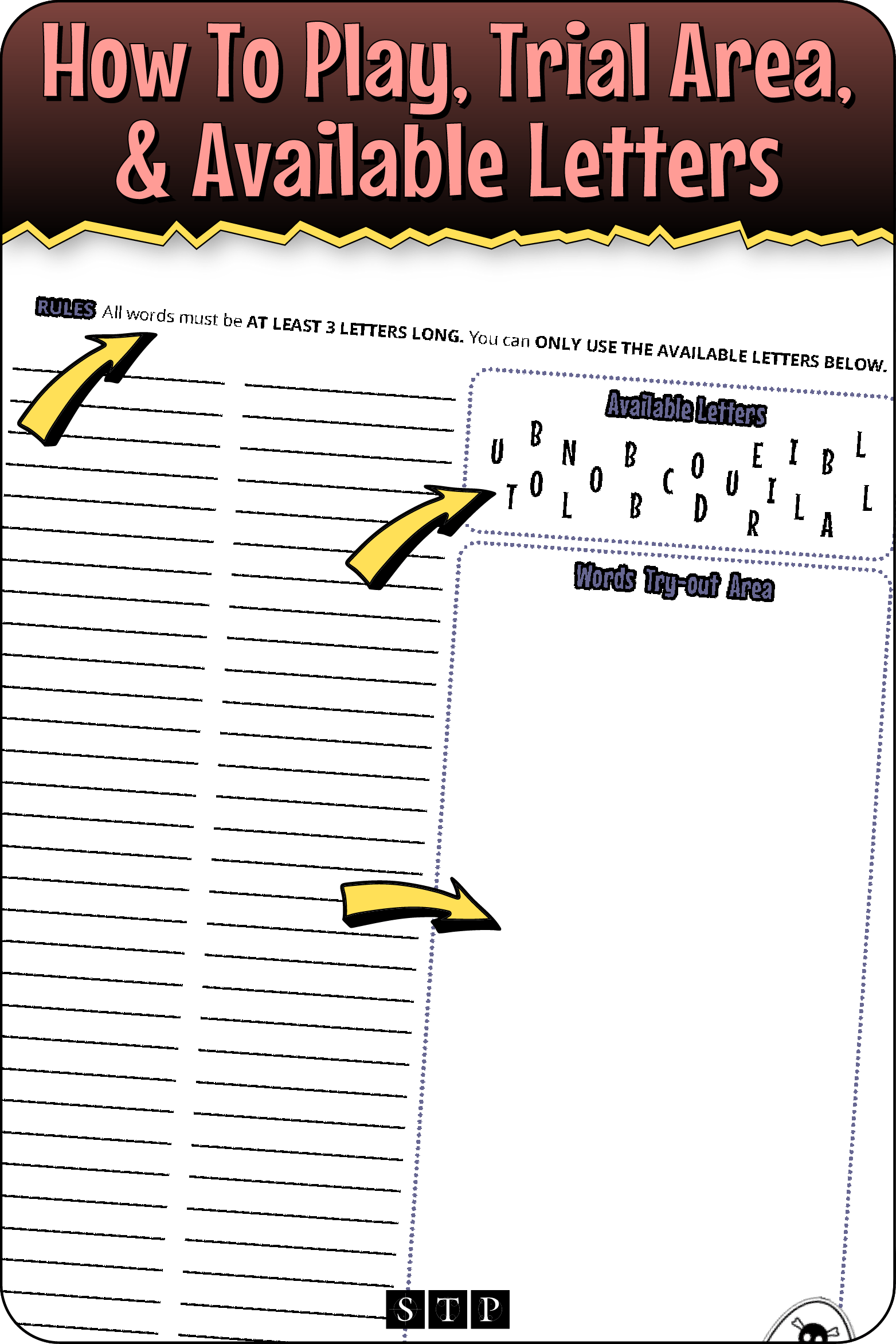 A 'look inside' preview highlighting the rules for the 'Boil, Toil, Cauldron Bubble' (Version 3) letter jumble