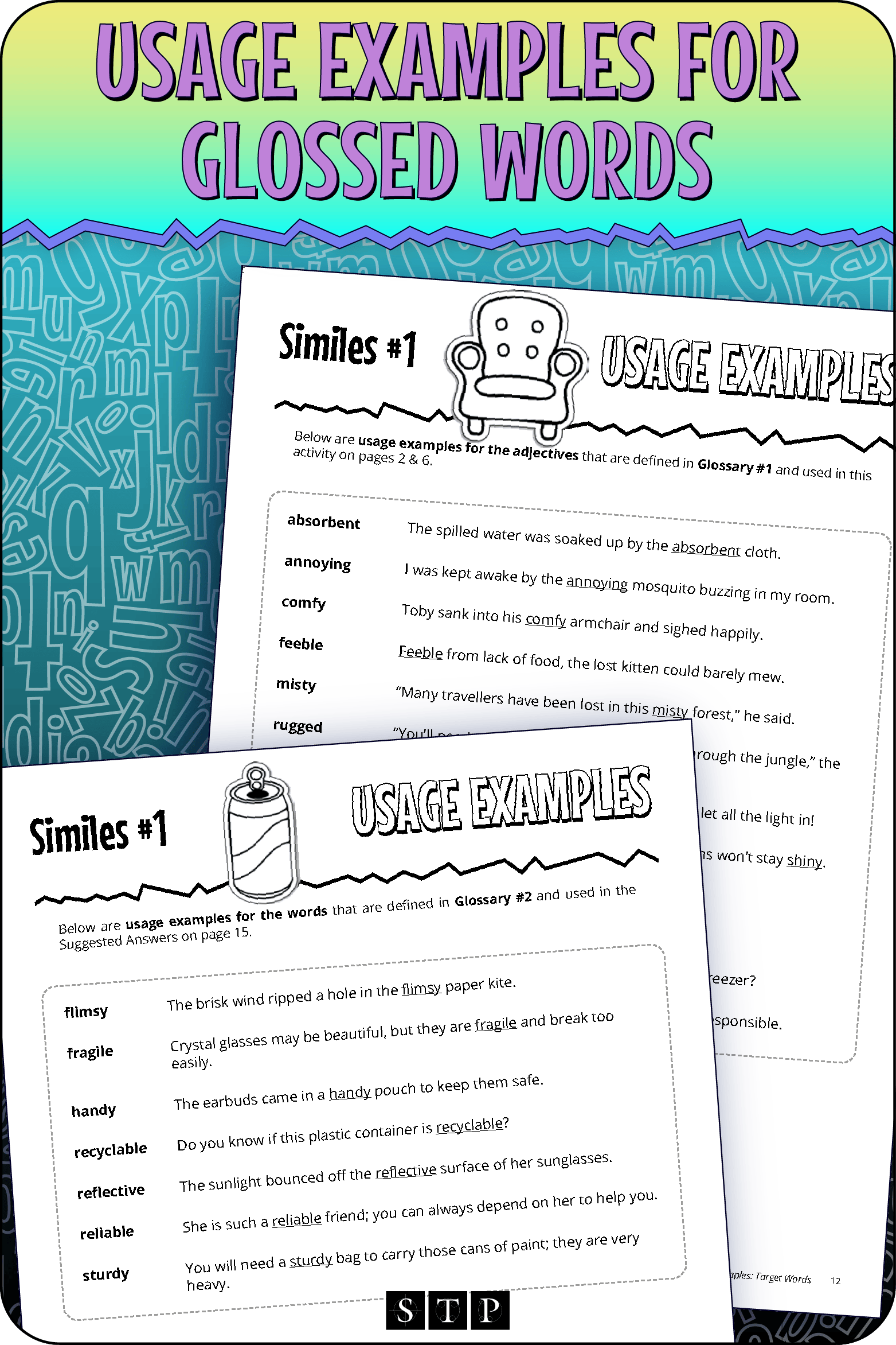 A 'look inside' preview showing the usage examples provided for the glossed words in the 'Similes #1' activity.