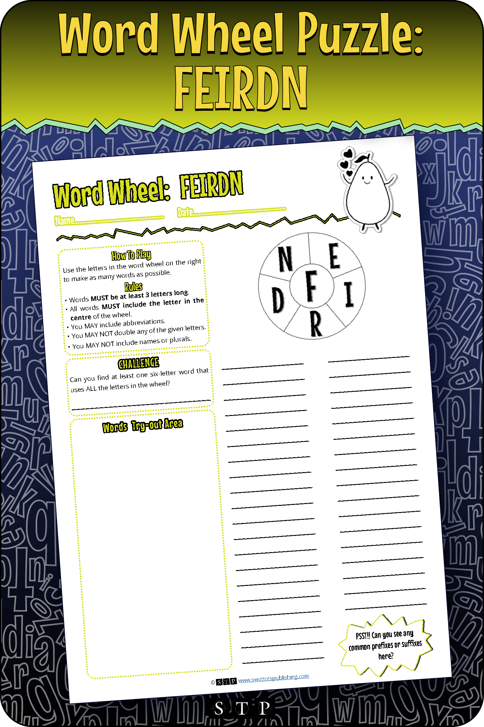 A mock-up of the 'FEIRDN' word wheel puzzle, a free word game for download.