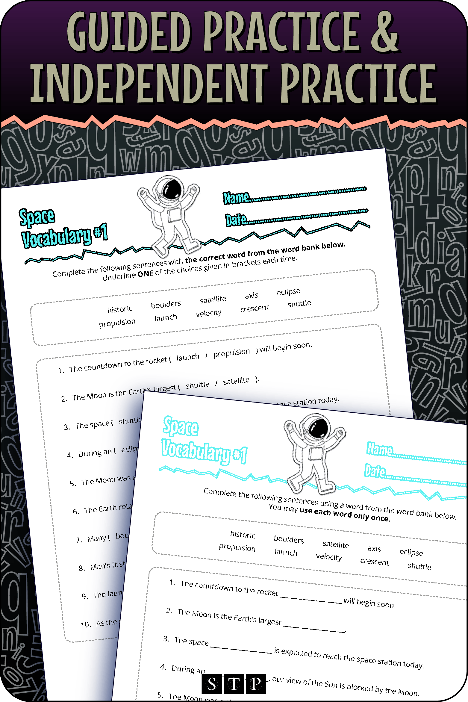 A 'look inside' preview showing the two differentiated worksheets: Version 1 (Guided Practice) with hints and Version 2 (Independent Practice).