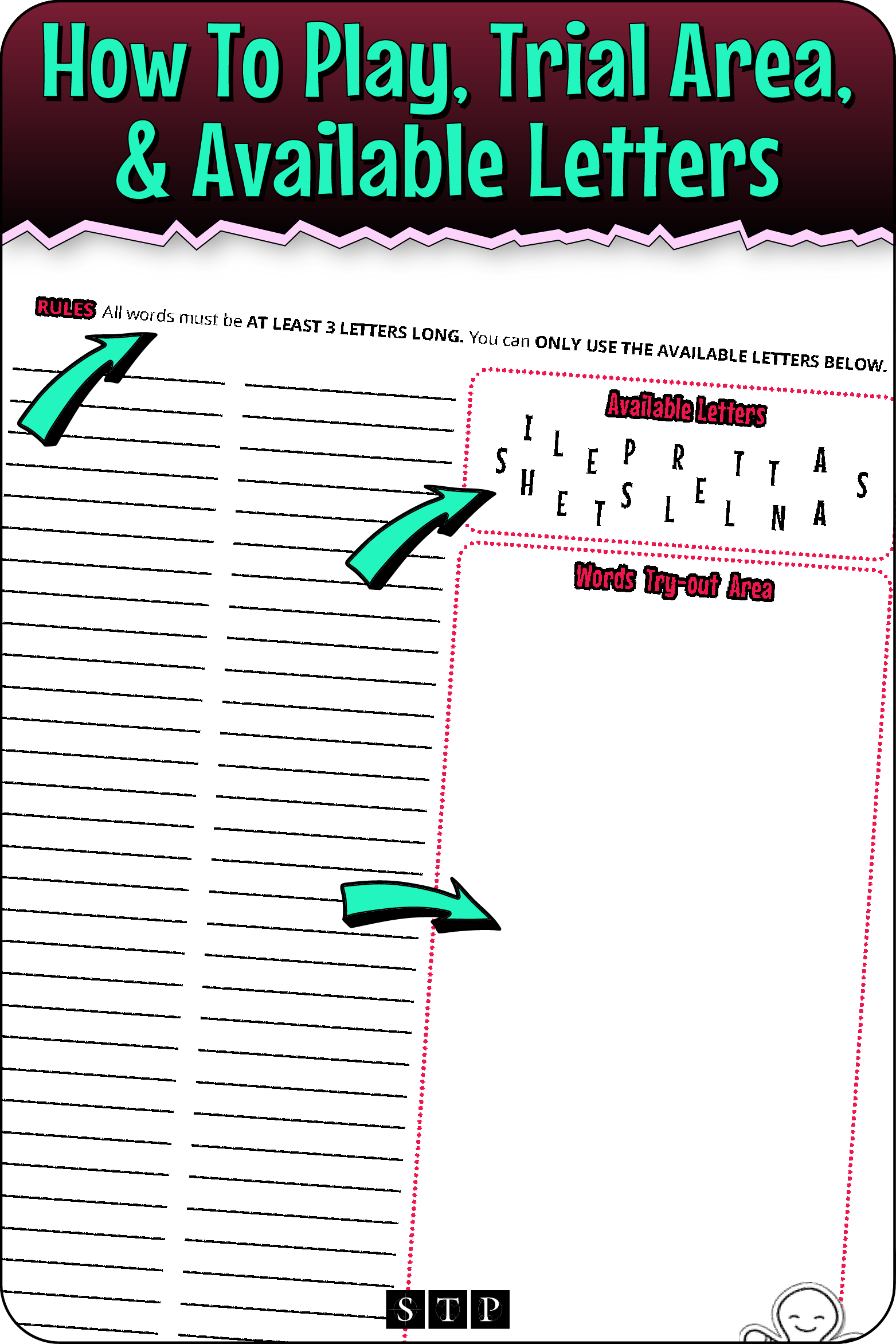 A 'look inside' preview highlighting the rules for the 'Santa's Little Helpers' (Version 1) letter jumble