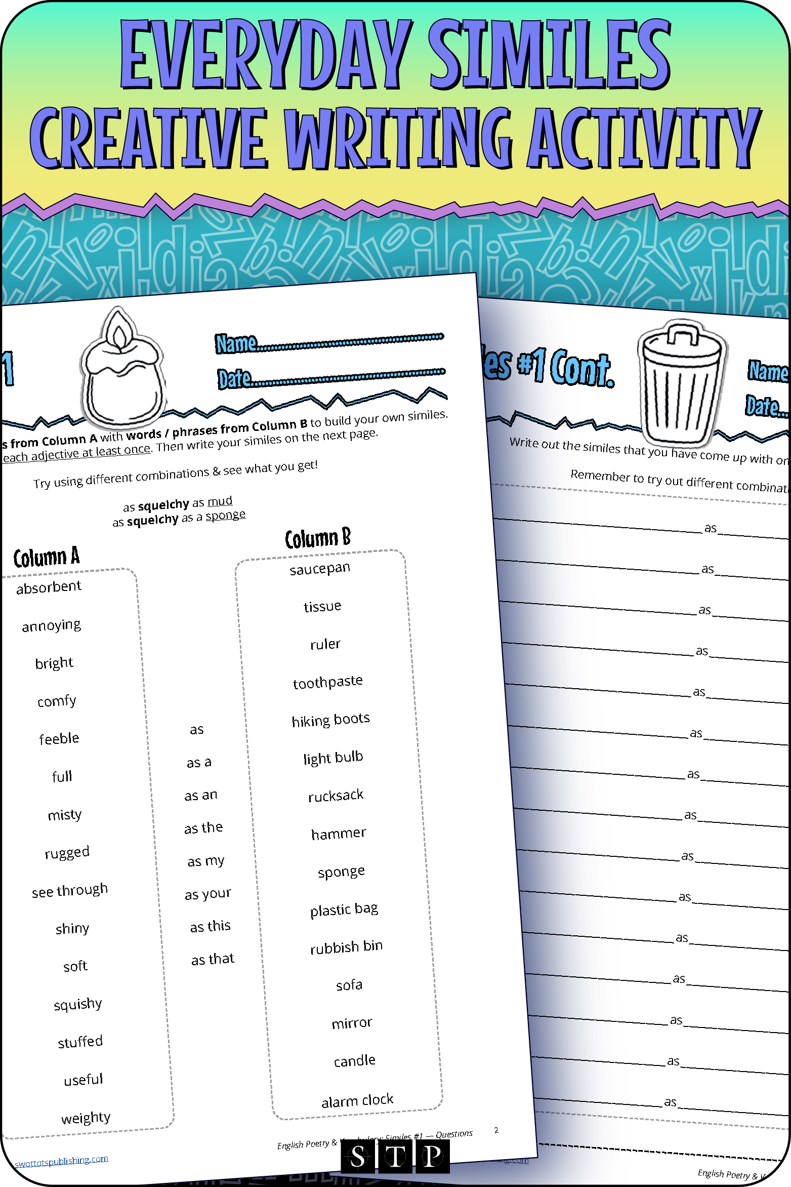 A mock-up of the 'Everyday Similes #1' activity, a free poetry and creative writing resource for download.