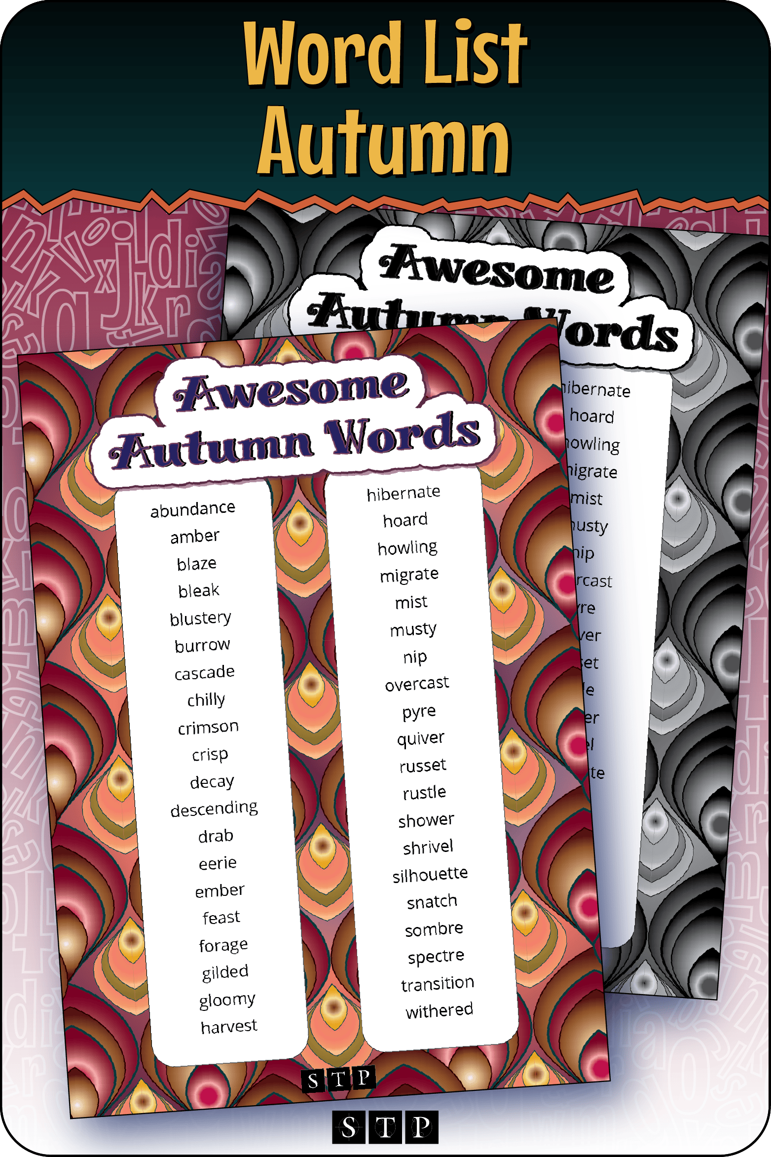 A mock-up of the 'Awesome Autumn Words' word list, a free vocabulary and spelling resource for download for Years 7 & 8.
