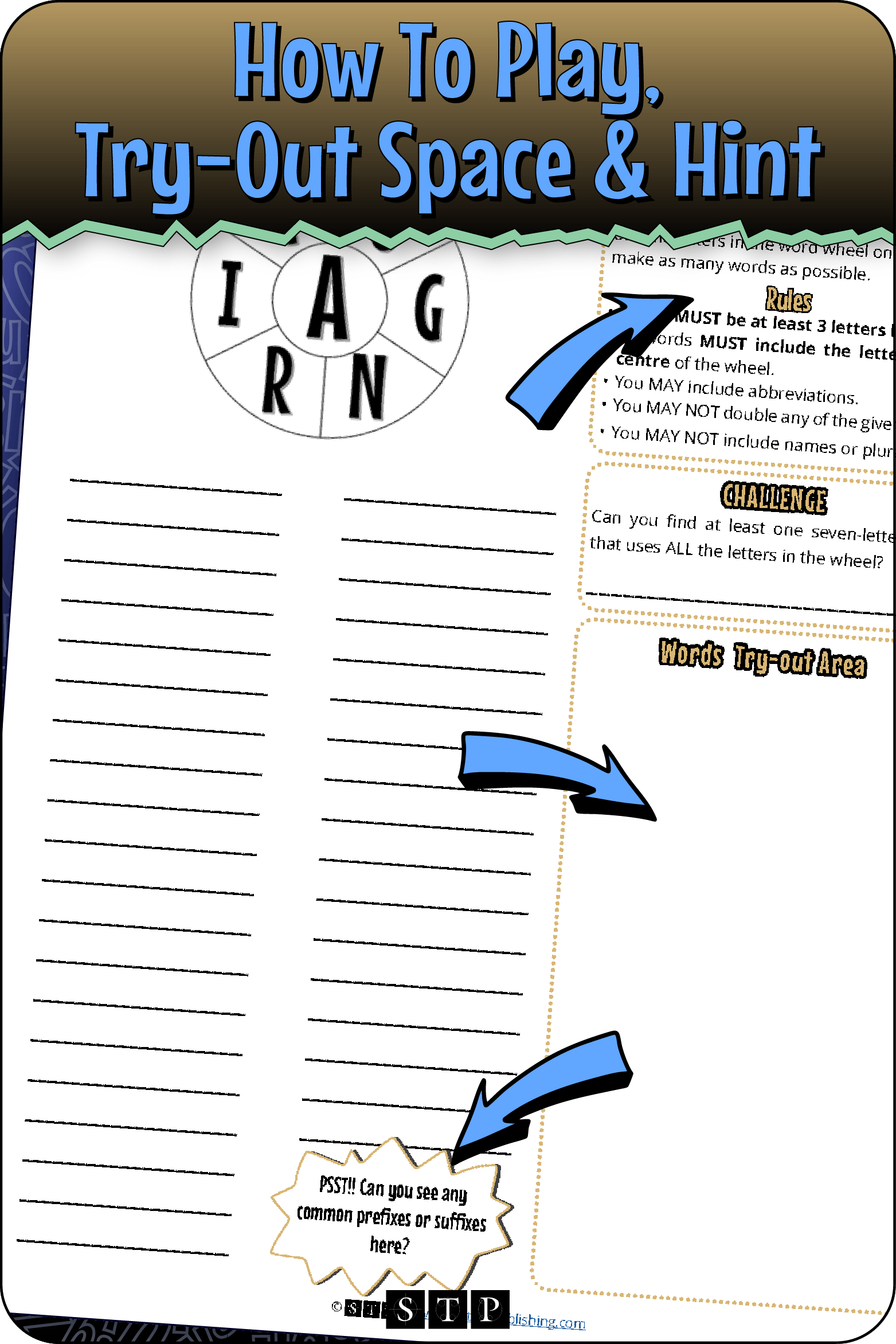 A 'look inside' preview highlighting the rules for the 'AOGNRIC' word wheel puzzle