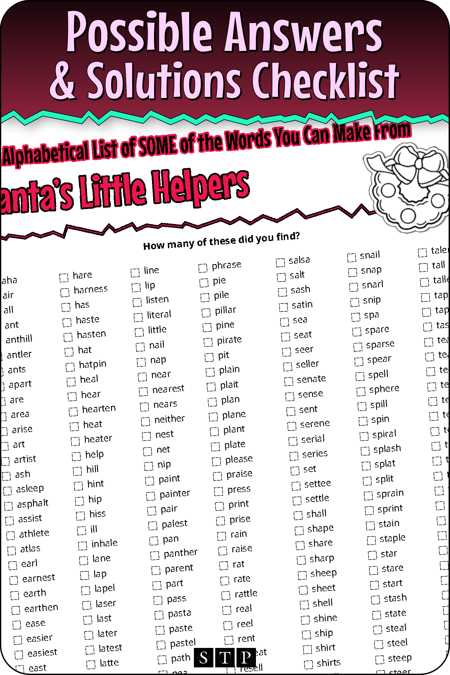 A 'look inside' preview showing a list of possible solutions for the 'Santa's Little Helpers' (Version 1) letter jumble