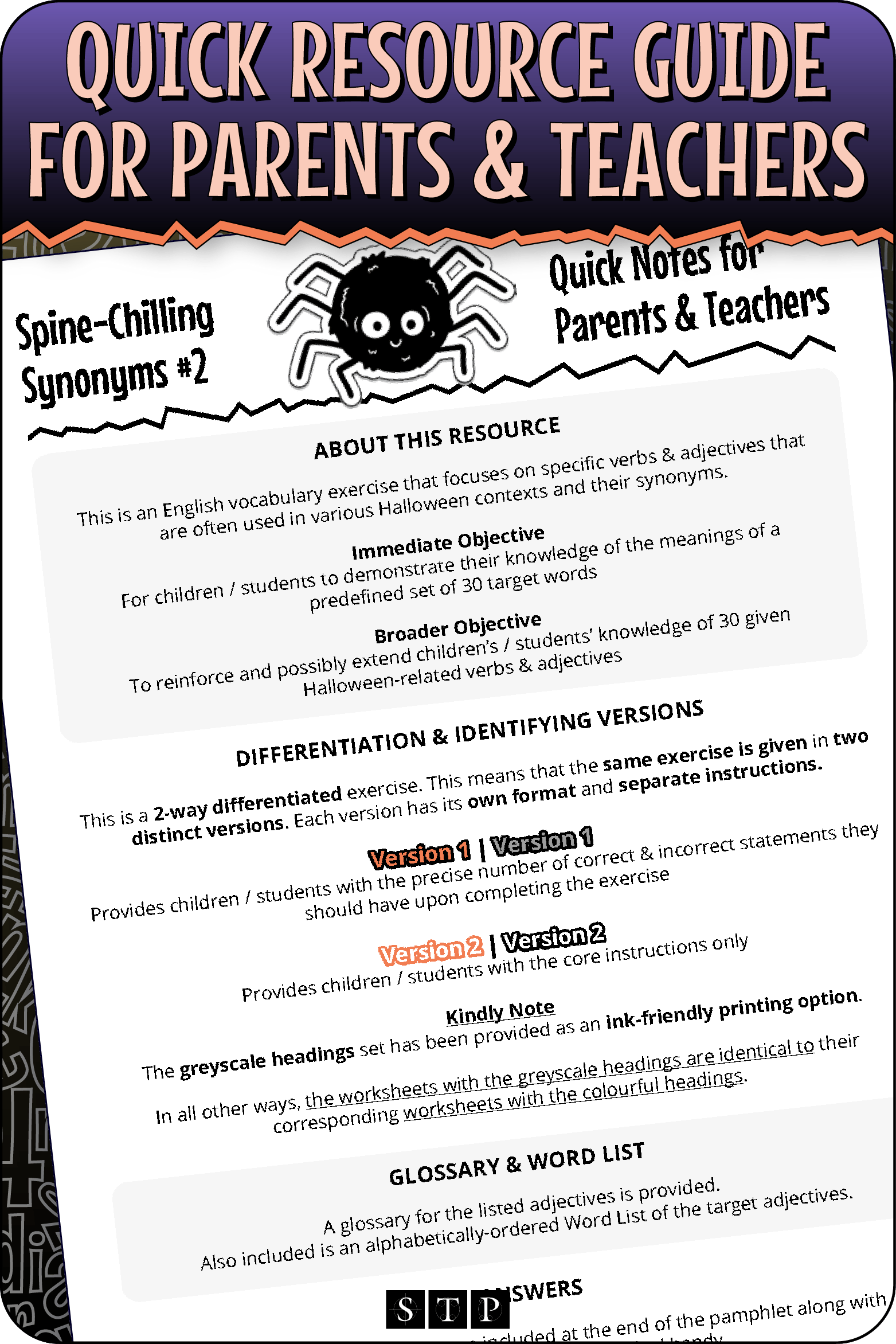 A 'look inside' preview highlighting the 'Quick Resource Guide for Parents & Teachers' included with the worksheets which explains the resource's learning objectives and differentiated versions.