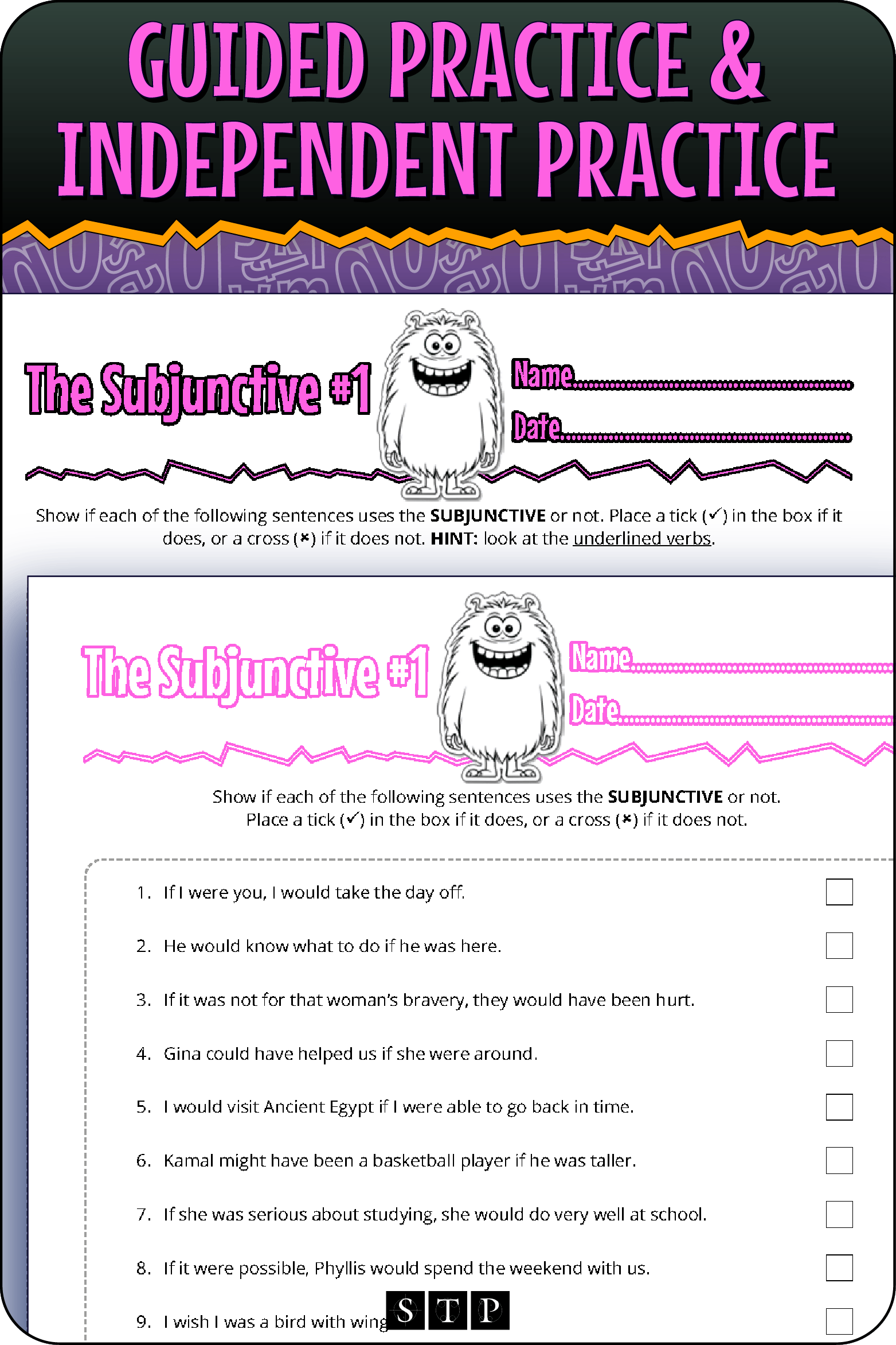 A 'look inside' preview showing the two differentiated worksheets: Version 1 (Guided Practice) with hints and Version 2 (Independent Practice).