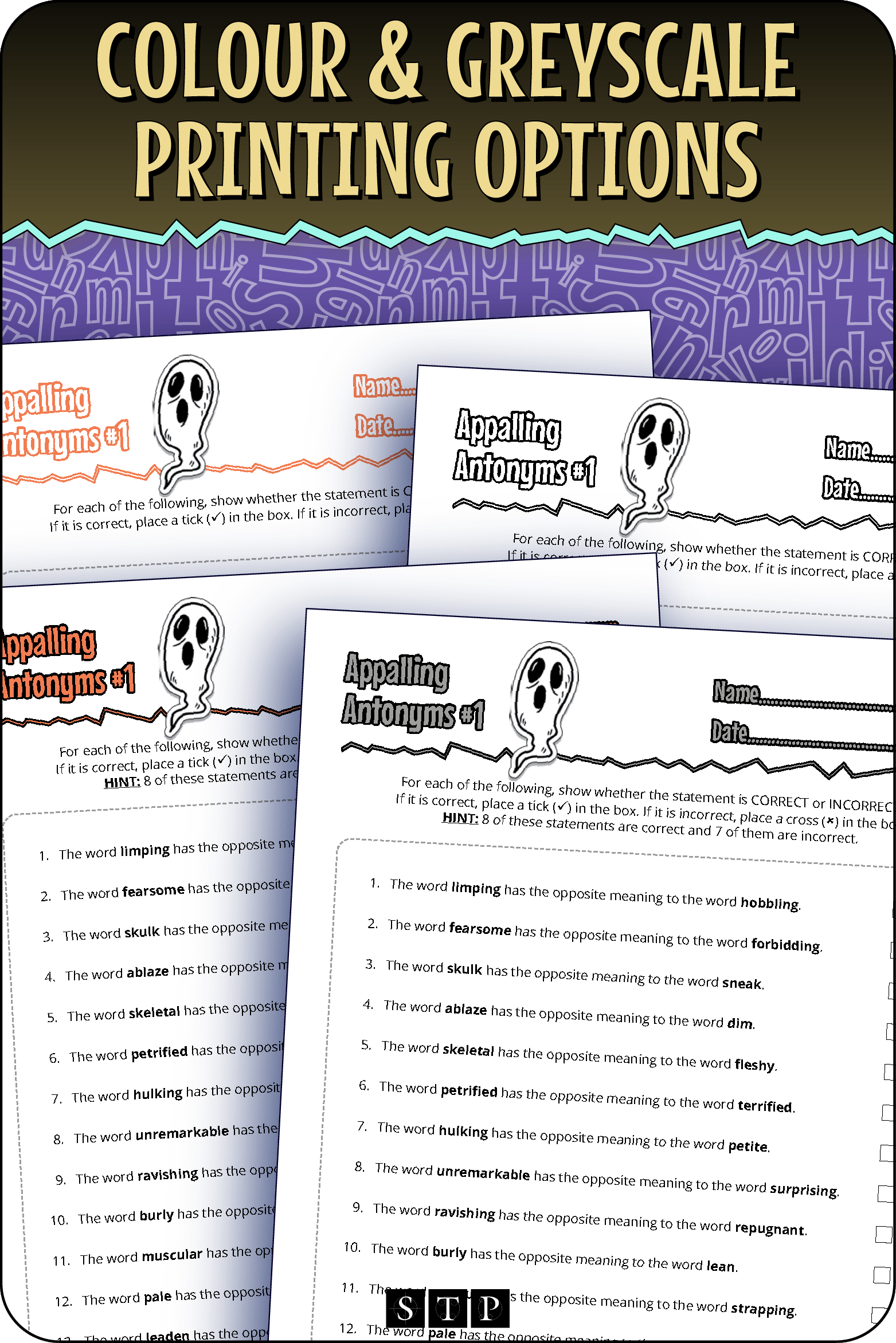 A 'look inside' preview showing the resource is available in both colour-accented and ink-friendly greyscale printing options.