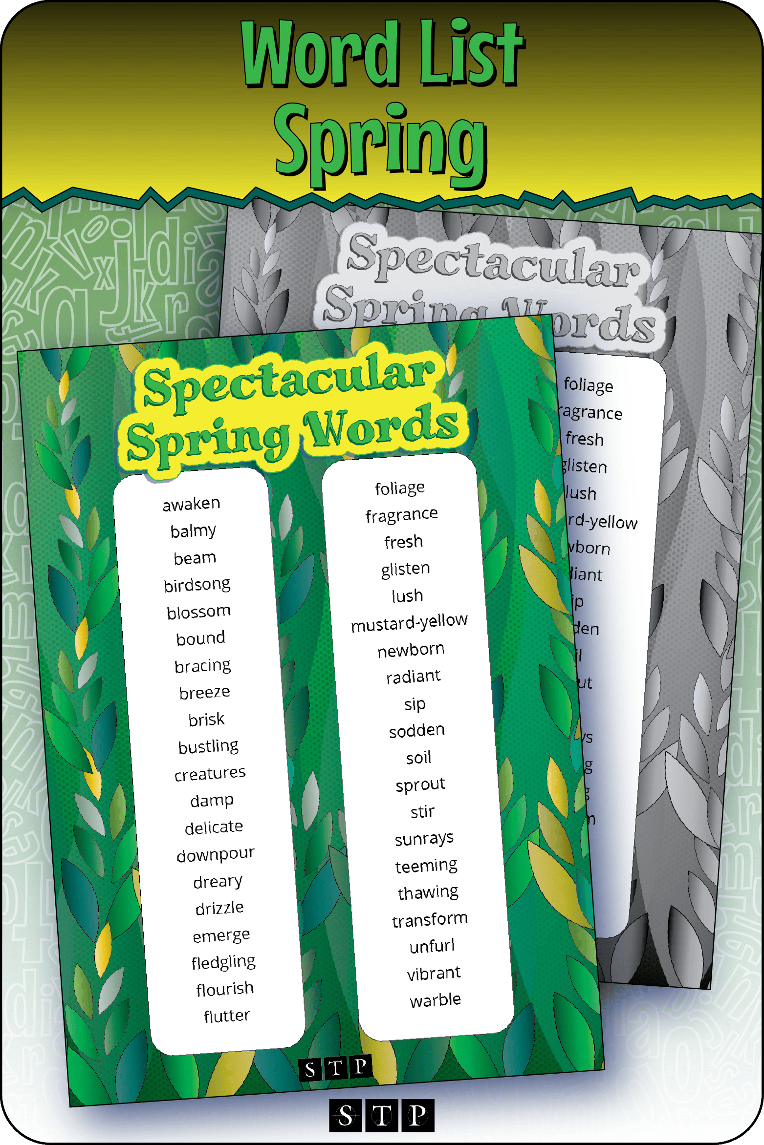 A mock-up of the 'Spectacular Spring Words' words list, a free vocabulary and spelling resource for download for Years 7 & 8.