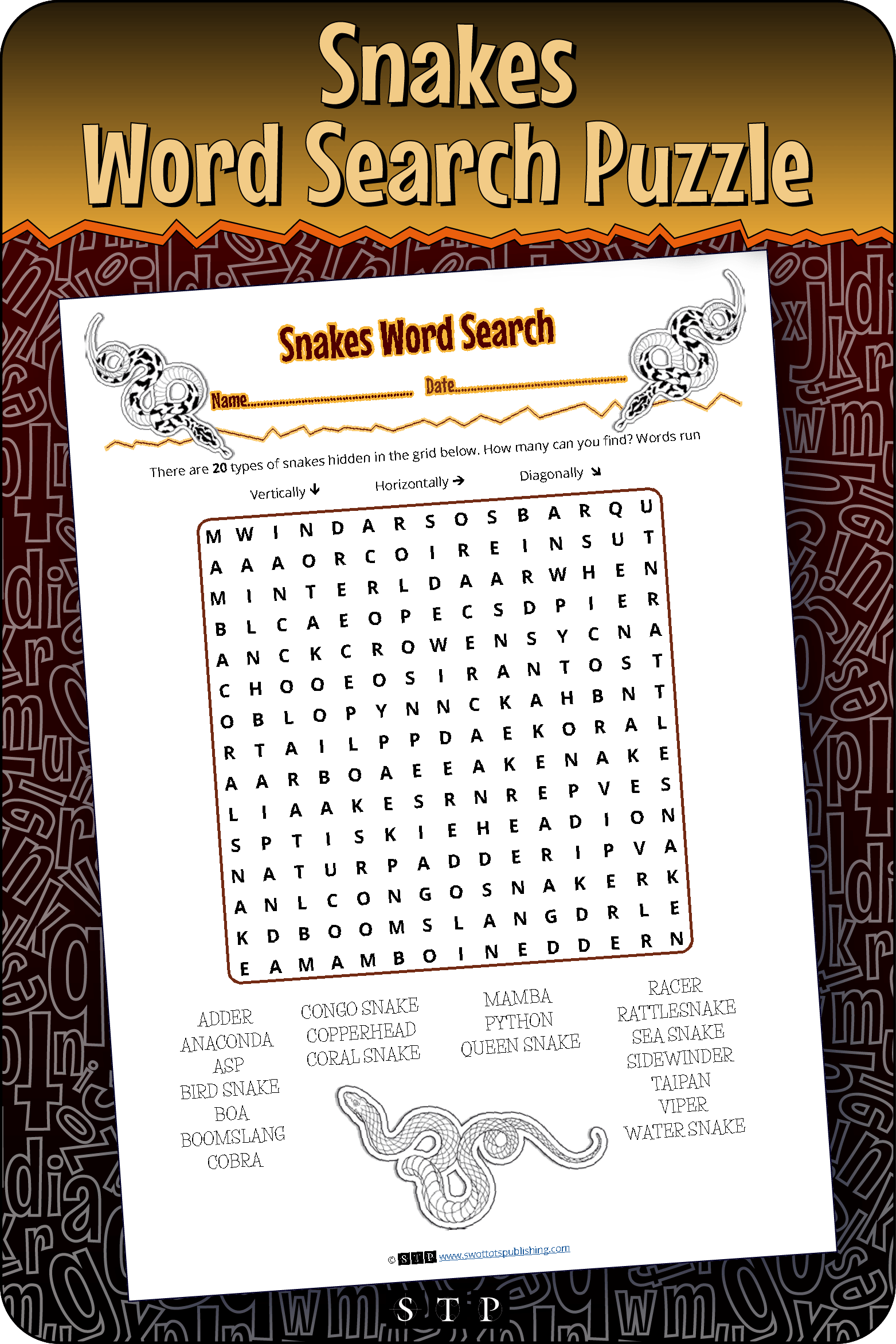 A mock-up of the 'Snakes' word search puzzle, a free word game for download.