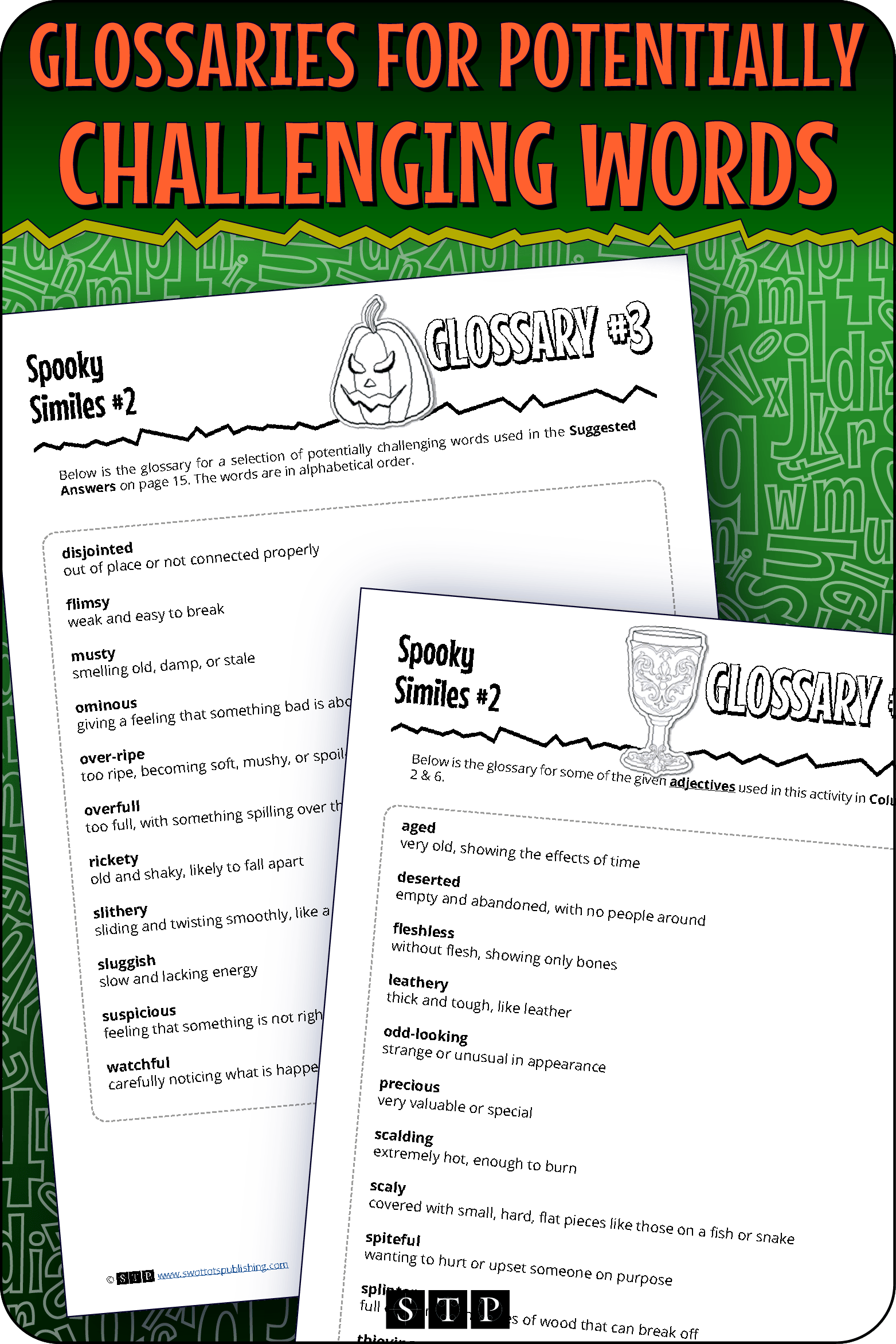 A 'look inside' preview showing the glossaries for potentially challenging words in the 'Spooky Similes #2' activity.