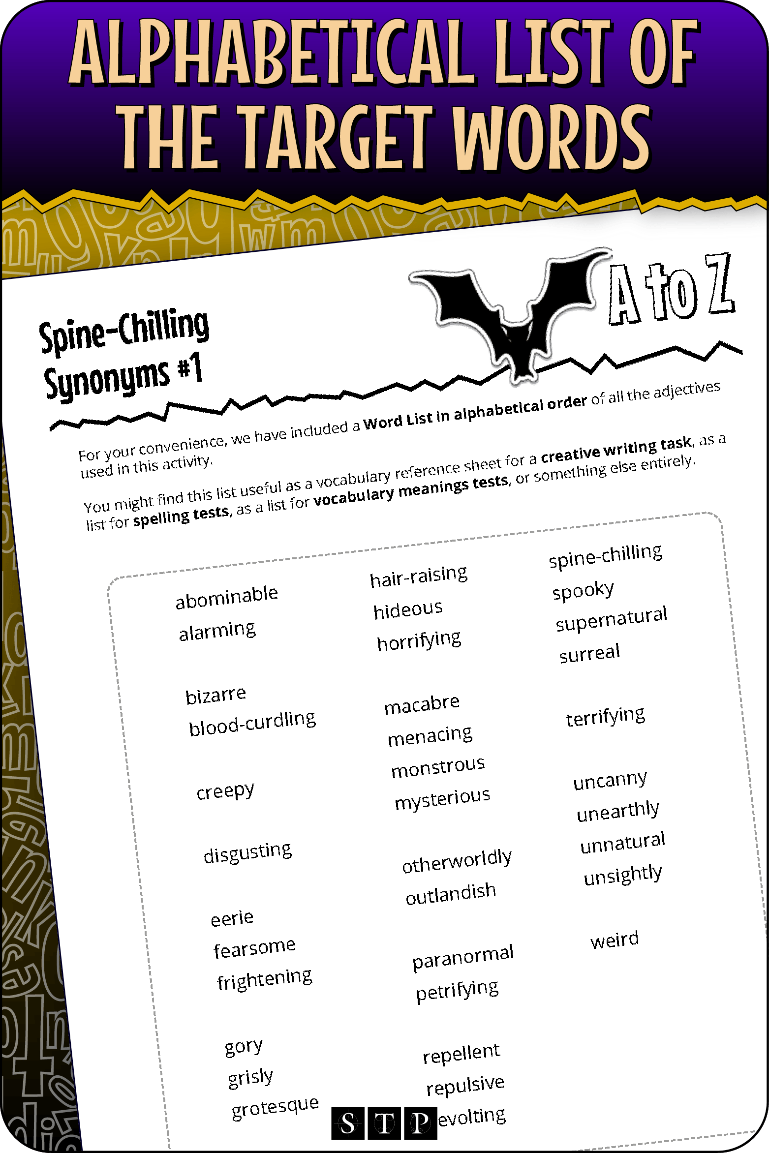 A 'look inside' preview showing the alphabetical list of target words used in the 'Spine-Chilling Synonyms #1' activity.