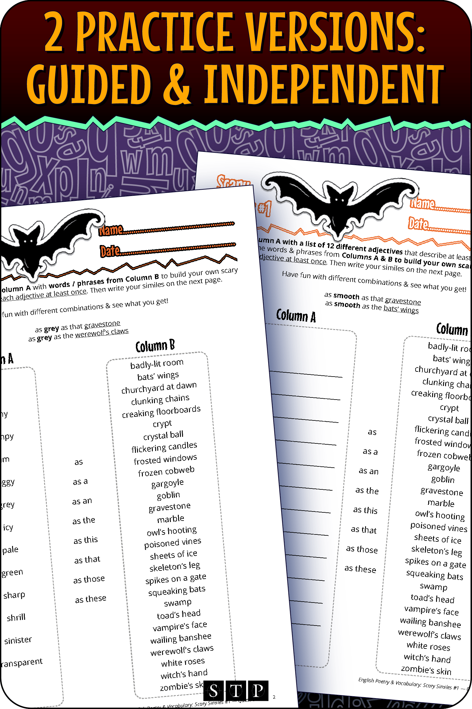 A 'look inside' preview showing the two differentiated activities: Version 1 (Guided Practice) with hints and Version 2 (Independent Practice).
