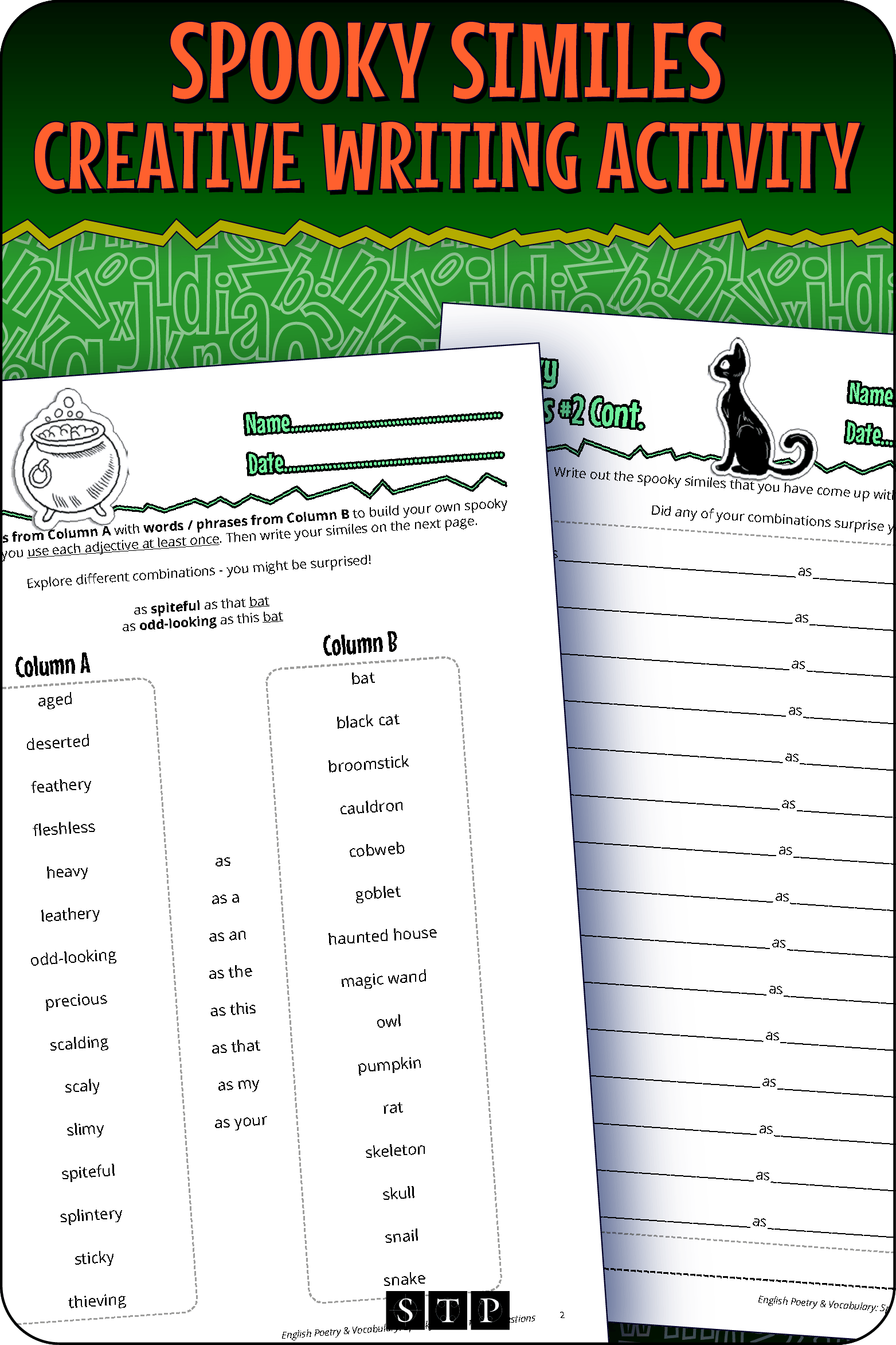 A mock-up of the 'Spooky Similes #2' activity, a free poetry and creative writing resource for download.